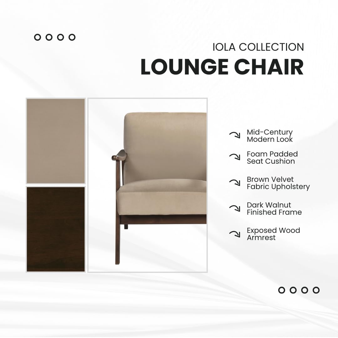 Mid Century Modern Velvet Accent Chair - Solid Wood Armrests & Legs, Cushioned Seat & Backrest - Comfortable Reading & Lounge Chair for Living Room, Bedroom, Studio - Brown Velvet Upholstered Furniture for Home Decor