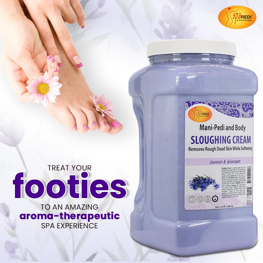 SPA REDI - Lavender & Wildflower Foot Cream & Exfoliating Lotion (128 Oz) - Moisturizing Pedicure Treatment for Dry Cracked Feet - Gentle Scrub & Massage Care - Perfect for Home Spa & Professional Salon Use