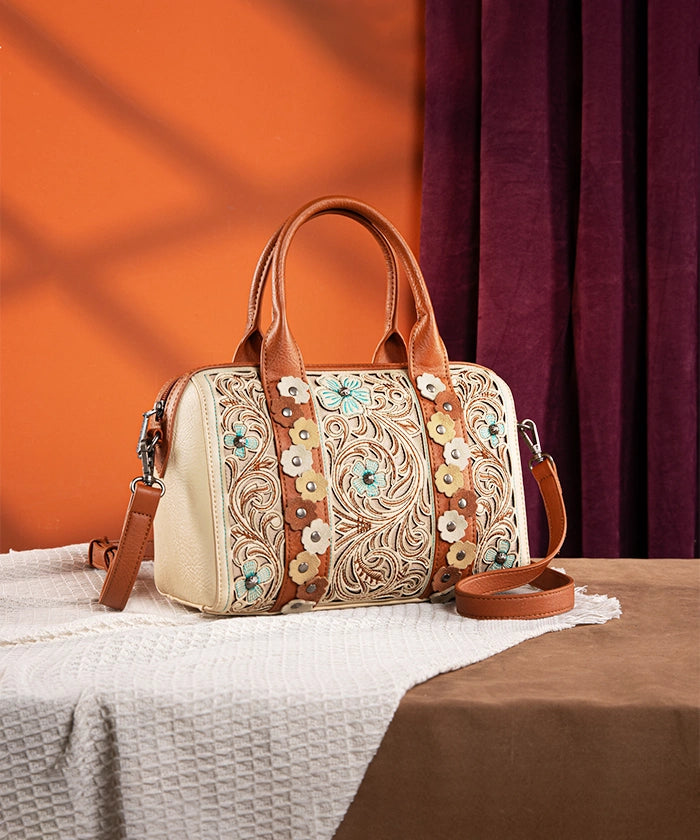 Montana West Embroidered Floral Cut Out Boston Bag Set - Stylish Leather Shoulder Purse for Women, Perfect for Work, Travel & Everyday Use