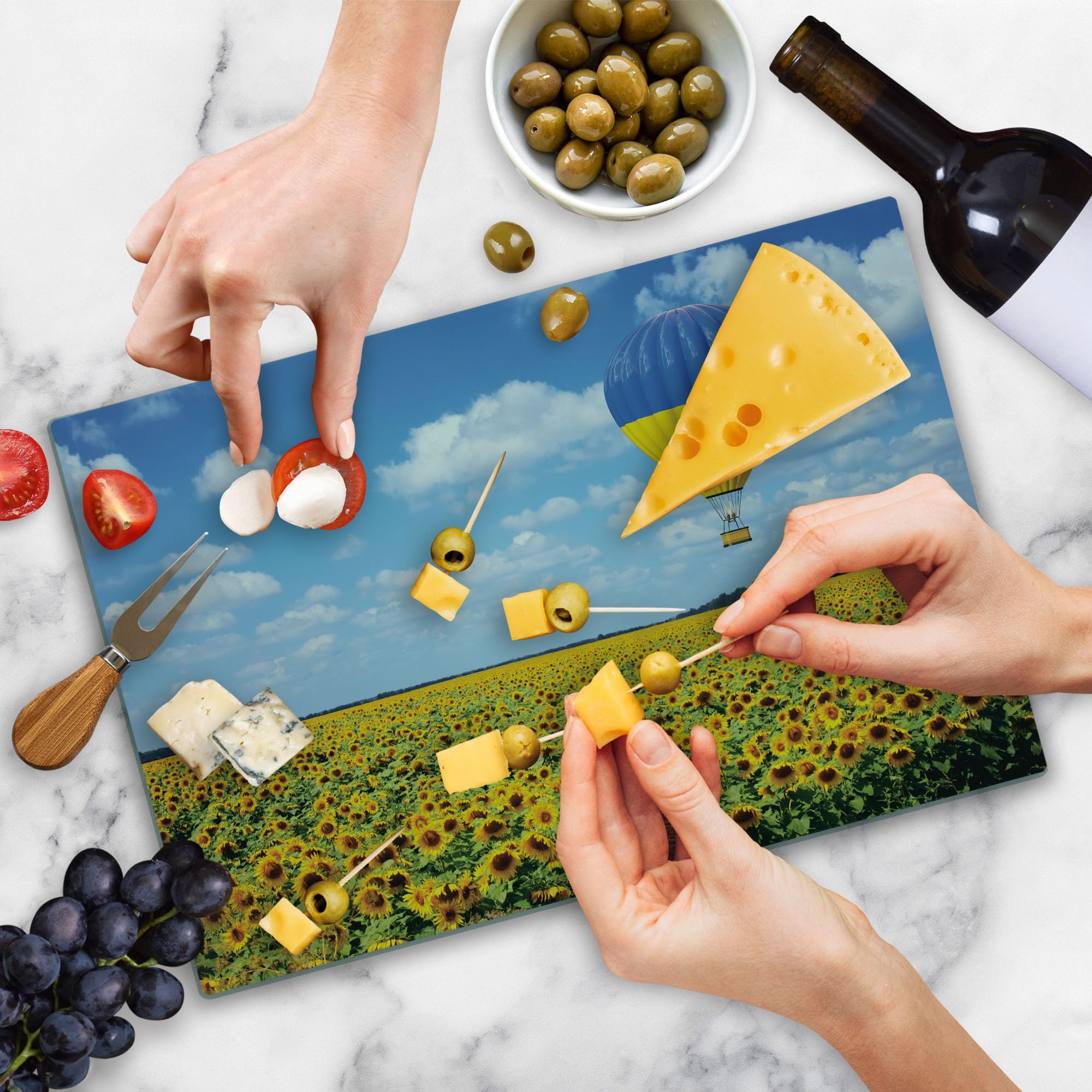 Ambesonne Hot Air Balloon Tempered Glass Cutting Board - Sunflower Field & Cloud Sky Design - Large Decorative Serving Tray for Kitchen, Charcuterie & Cheese Platter - Sky Blue & Yellow Artwork - Perfect for Entertaining, Housewarming Gifts & Home Decor