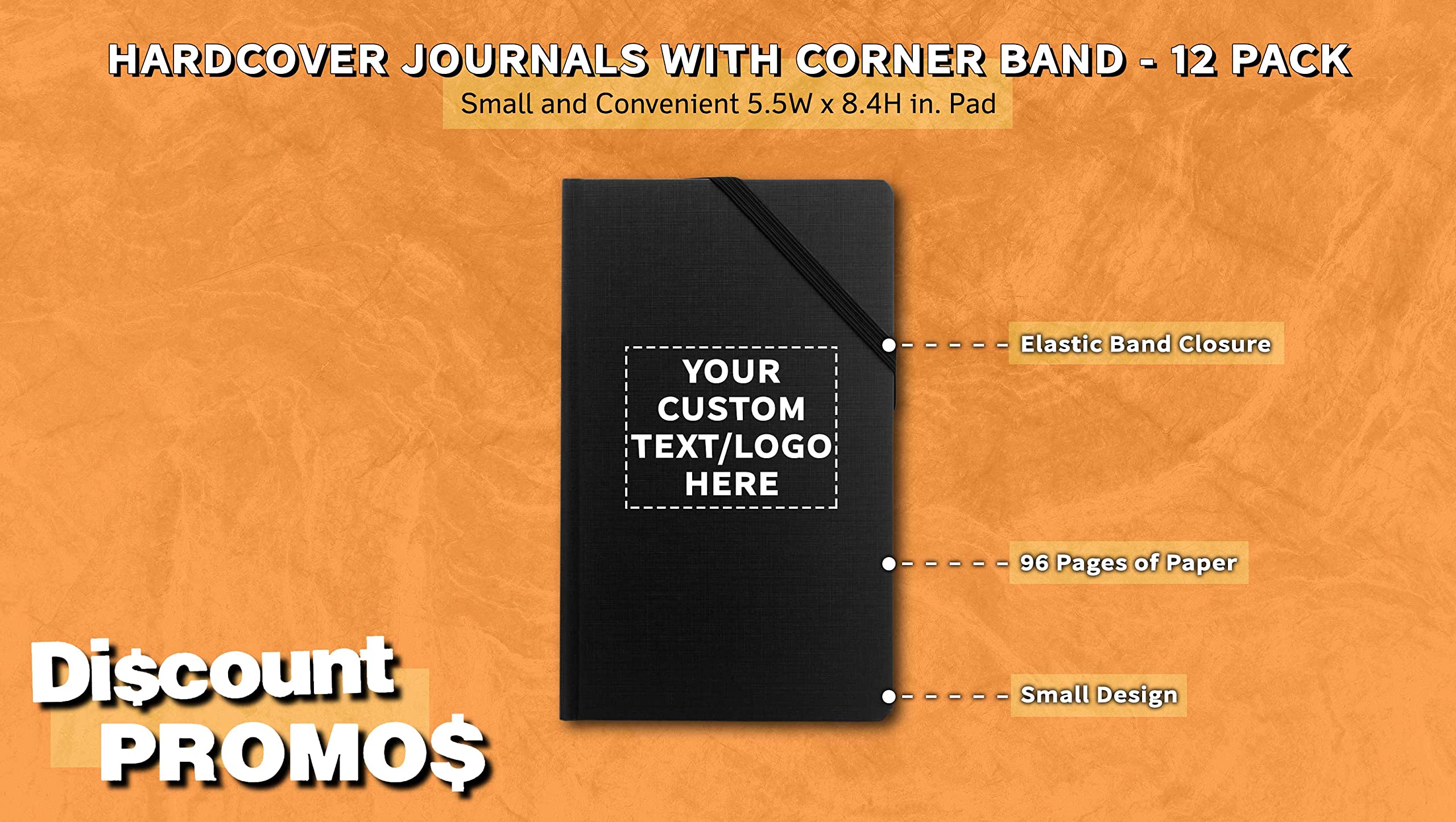 12 Pack Hardcover Journals with Corner Band - Customizable Text & Logo, Elegant Medium Size Notebooks for Writing, Sketching & Note Taking - Perfect for Office, School & Travel - Black