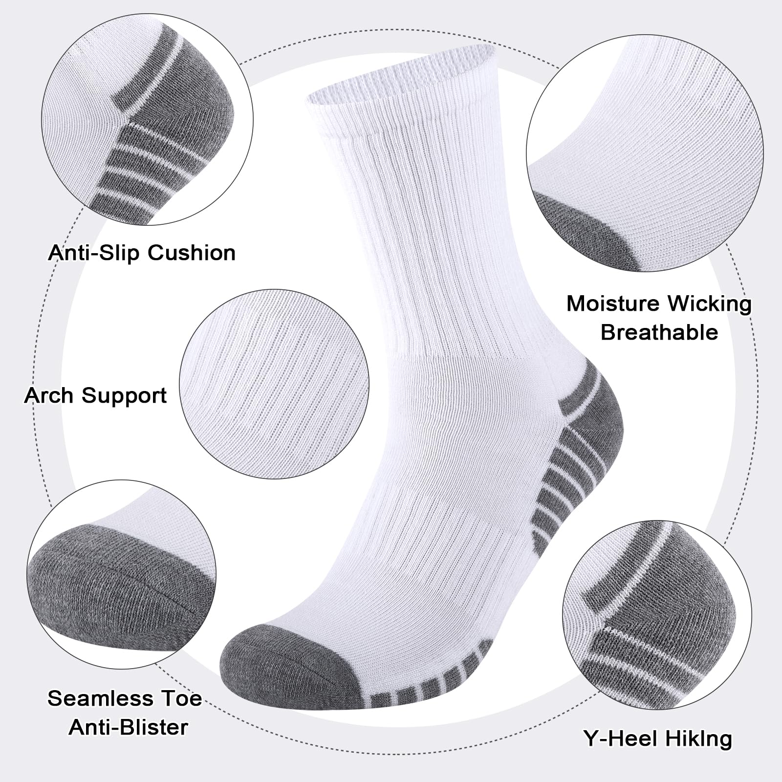 COOVAN 8 Pairs Men's Athletic Crew Socks - Moisture Wicking Cushioned Work Socks for Running, Hiking & Gym - 8 Pack Breathable Comfort Socks for Daily Wear & Sports Activities