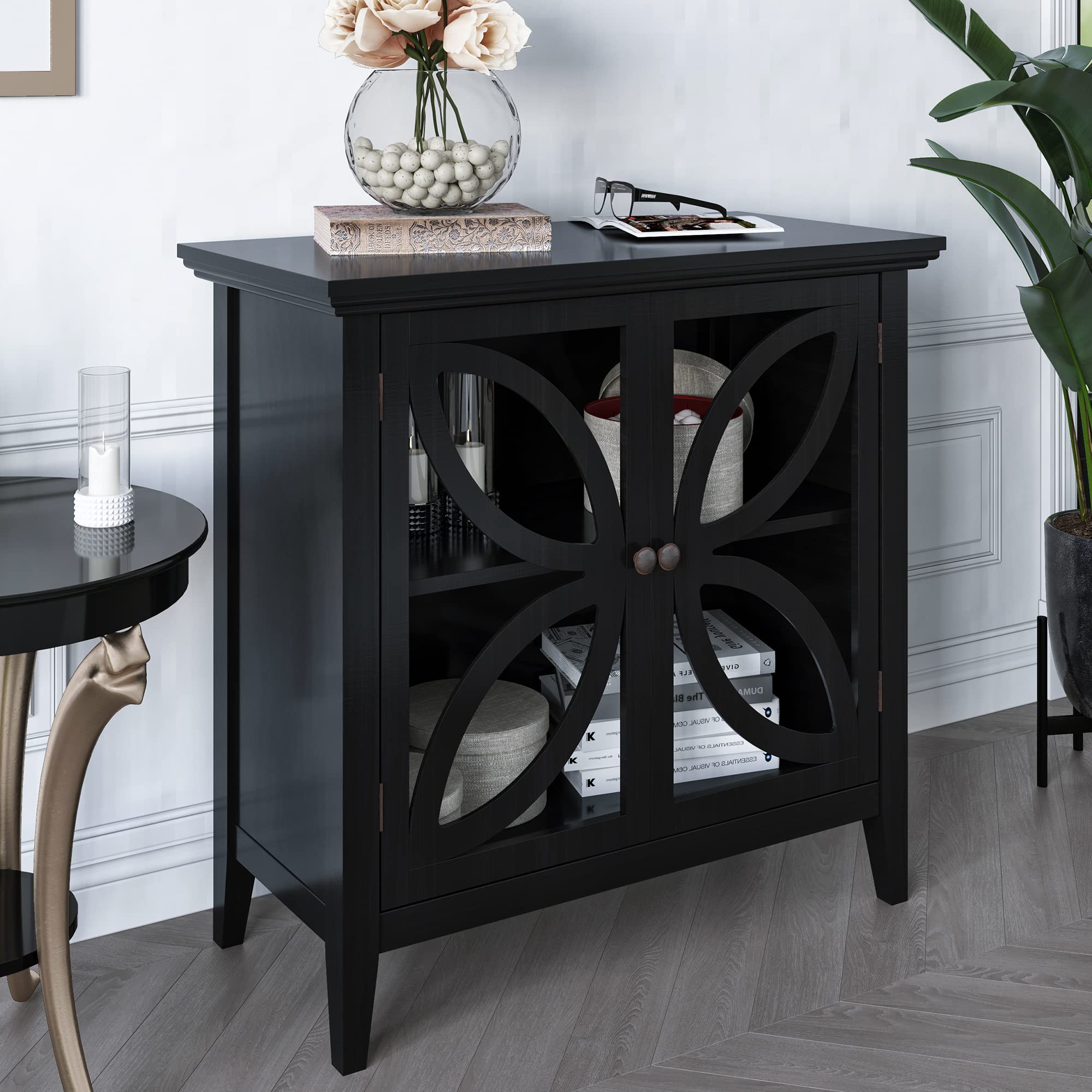 Harper & Bright Designs 2-Tier Wooden Accent Storage Cabinet with Decorative Glass Door - Modern Sideboard for Entryway, Living Room, Bedroom - Perfect for Home Organization & Displaying Decor Items