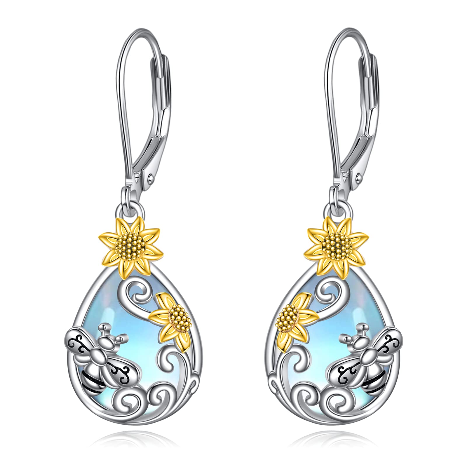 AOBOCO Sterling Silver Leverback Earrings for Women - Hypoallergenic Moonstone Crystal Dangle Earrings | Elegant Jewelry Gift for Birthday, Anniversary & Special Occasions | Perfect for Parties, Weddings & Everyday Wear