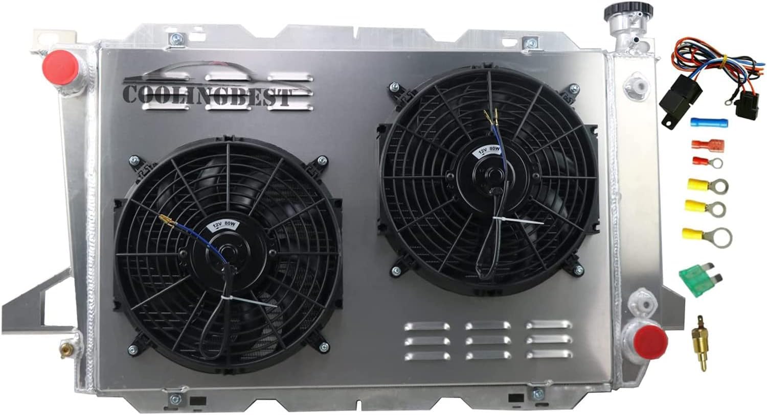 4 Row Aluminum Radiator with Electric Fan Shroud & Thermostat Kit - Compatible with 1985-1996 Ford F150 F250 F350 Bronco L6 - Heavy Duty Cooling System Upgrade for Off-Road, Towing & Performance Driving