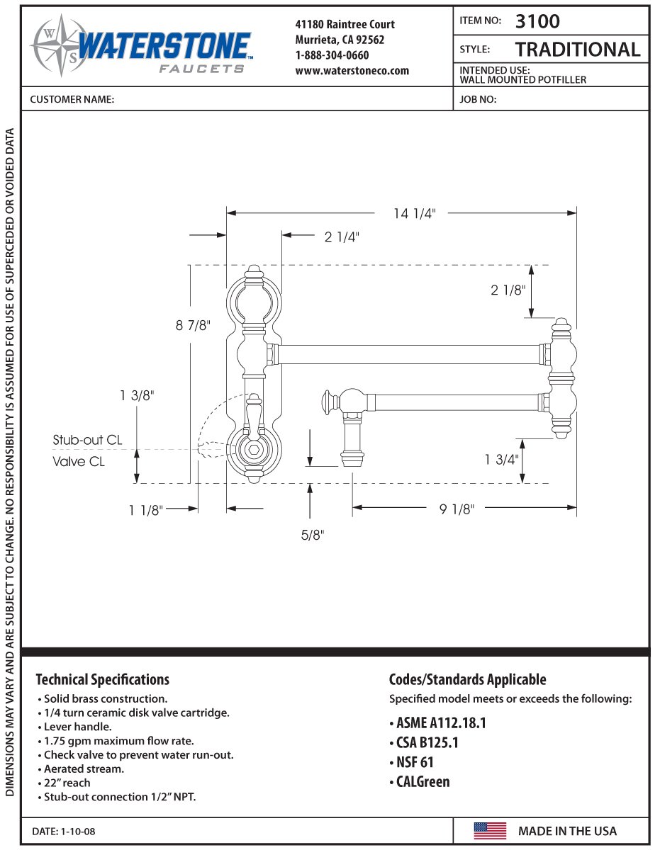 Waterstone 3100CB Towson Wall Mount Pot Filler Faucet in Caribbean Bronze - Perfect for Kitchen Sink, Stove & Cooking Area - High Arc Design for Easy Pot Filling