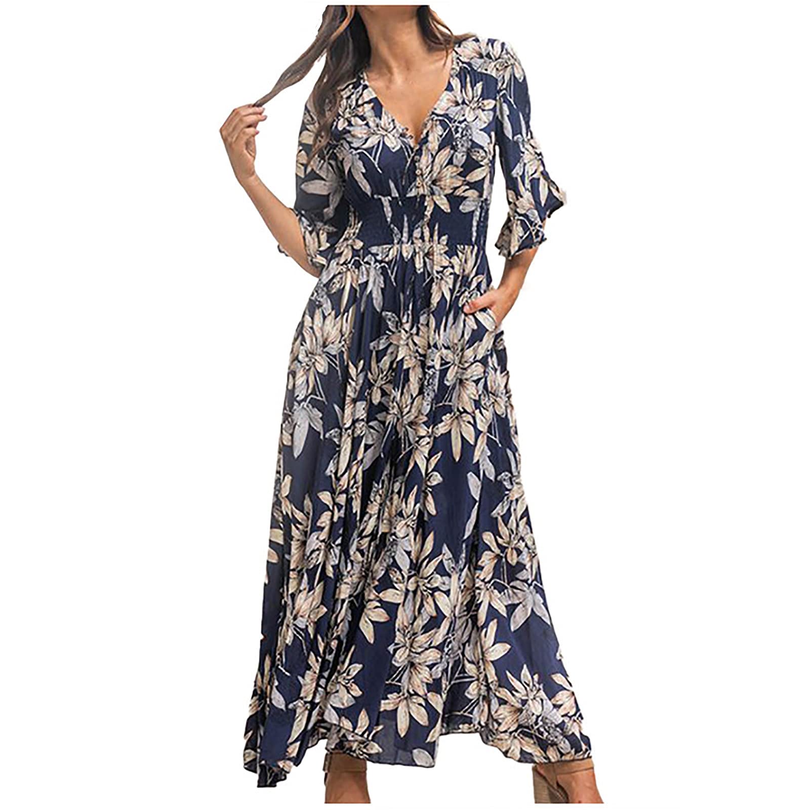 LCZIWO Women's Floral V-Neck Short Sleeve Ruched Empire Waist Casual Maxi Dress - Perfect for Summer Outings, Beach Vacations & Boho Style Occasions