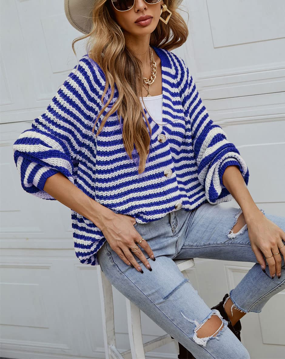 Women's Slouchy Loose-Fit Long Sleeve Striped Button Down Cardigan Sweater - Casual Fall & Winter Knitwear for Layering, Office Wear & Cozy Outfits