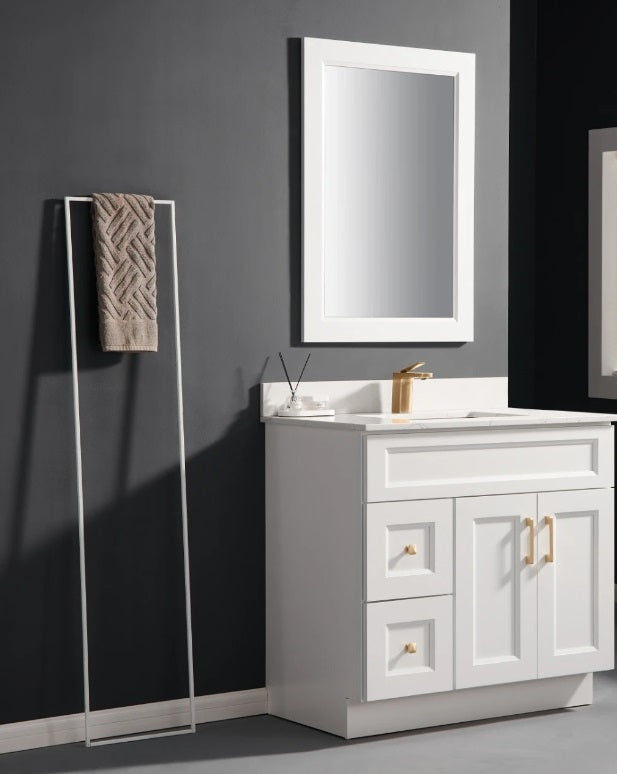 Nova 42 Inch Modern Bathroom Vanity Set with Quartz Countertop - Left Side Drawers, Soft Close Doors (3 Color Options) - Perfect for Small Bathrooms & Powder Rooms