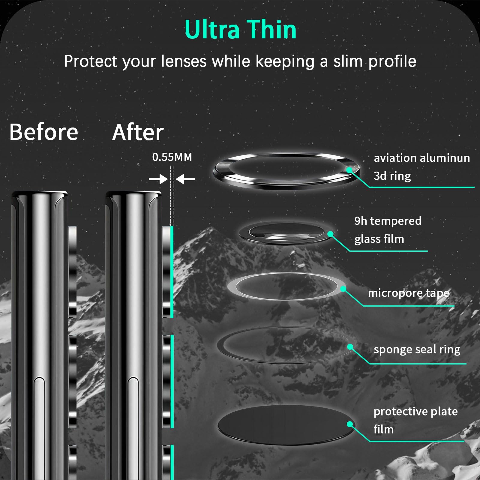 Aerku Camera Lens Protector for Samsung Galaxy S24 5G - Tempered Glass, HD Clear Scratch-Resistant, 9H Hardness Aluminum Frame - Anti-Scratch Screen Protector Compatible with All Phone Cases (Black) - Perfect for Outdoor Photography & Daily Protection