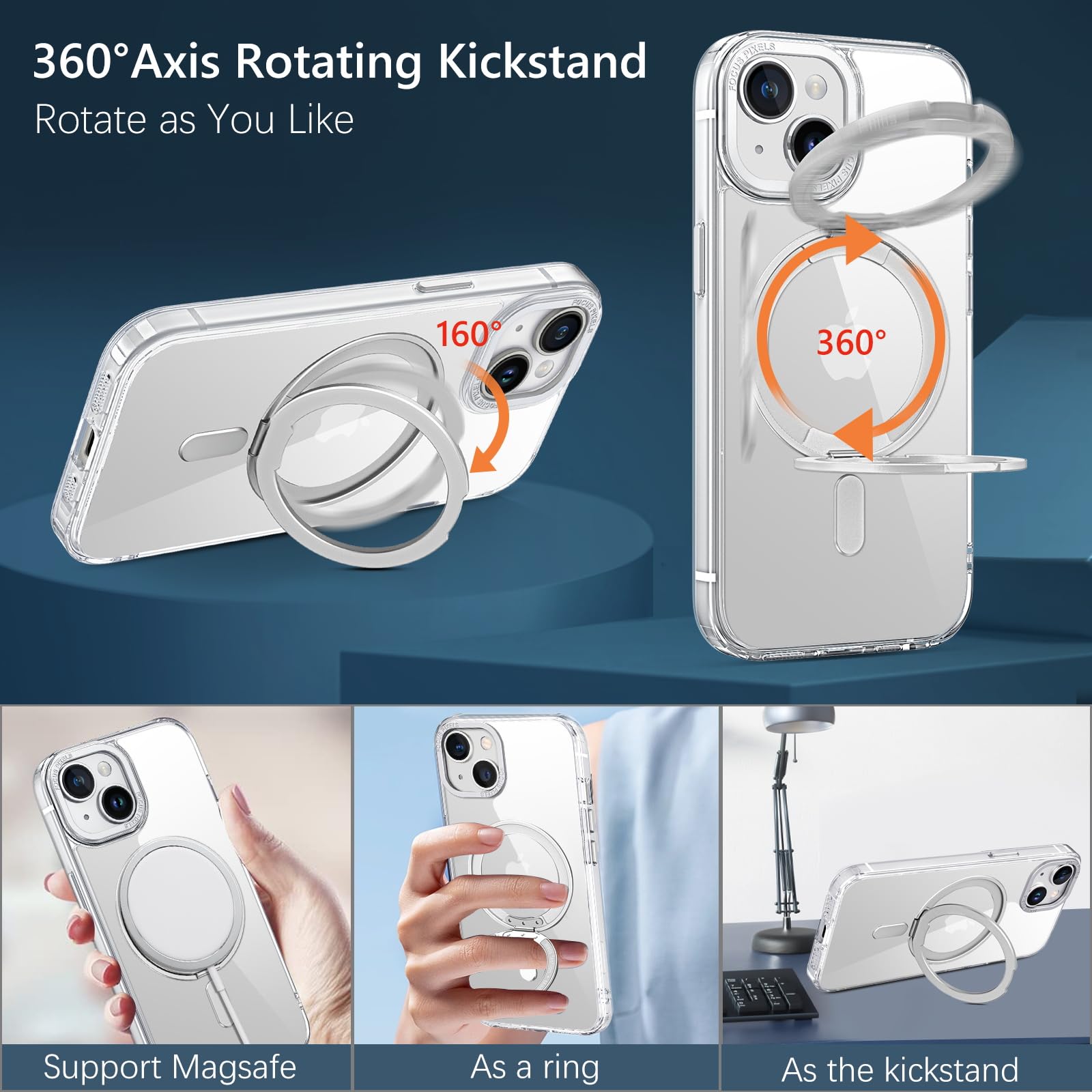 Magnetic iPhone 15 Case with 360° Rotatable Ring Stand - Shockproof Clear Cover for Work & Travel