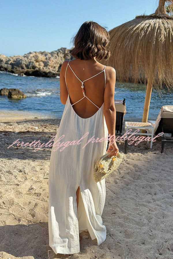 Sunny Beach Straps Beaded Backless Slit Maxi Dress - Boho Chic Summer Dress for Vacations, Weddings & Beach Parties