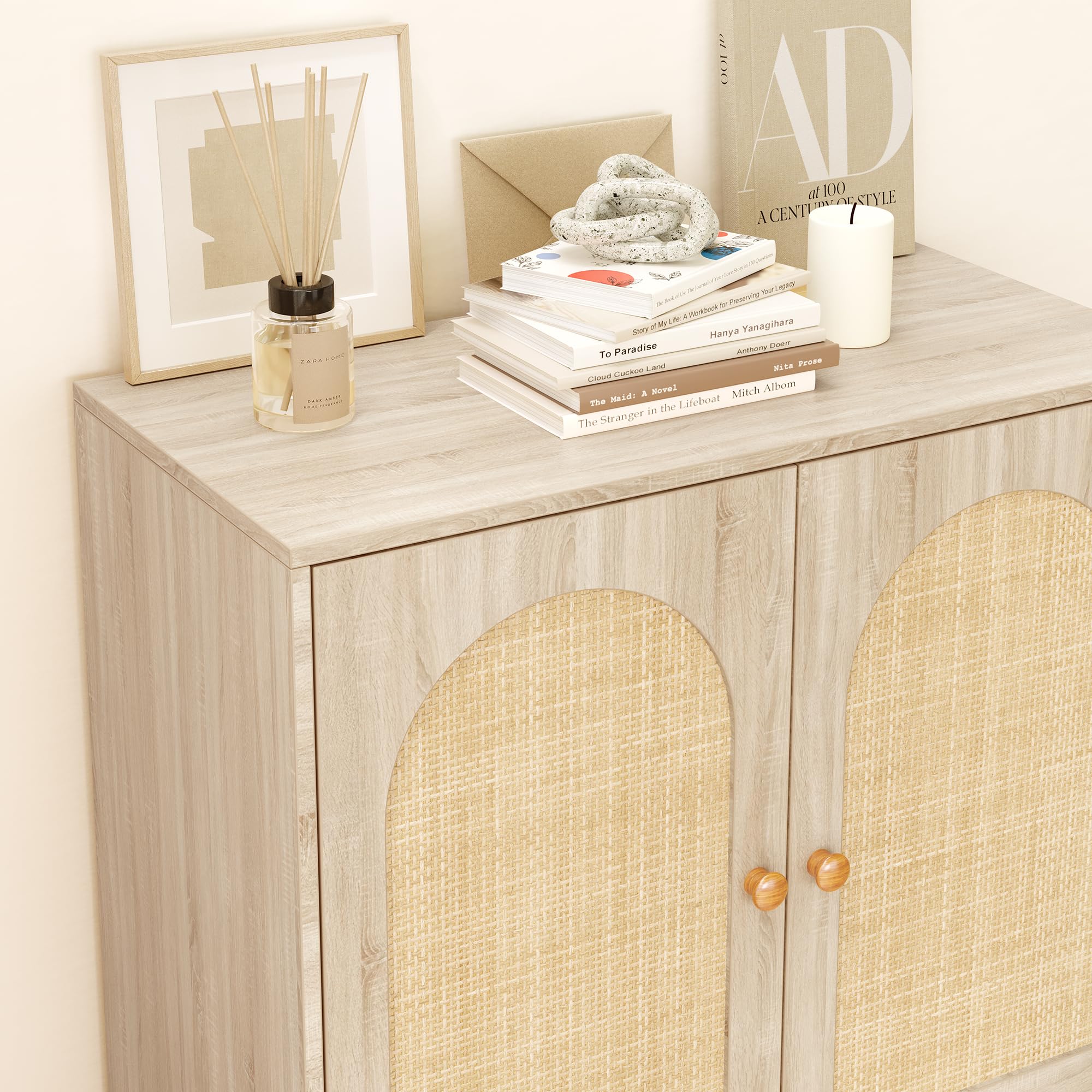 Rattan Shoe Storage Cabinet with Doors - Adjustable Shelves Boho Wooden Shoe Organizer for Entryway, Hallway, Living Room - Light Oak Finish | Perfect for Small Spaces, Apartment Entryway & Closet Organization