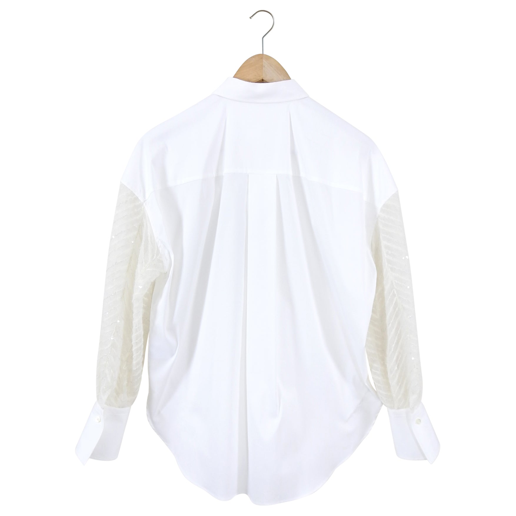 Brunello Cucinelli White Poplin Sequin Sheer Sleeve Shirt for Women - Elegant Blouse for Party, Dinner & Special Occasions