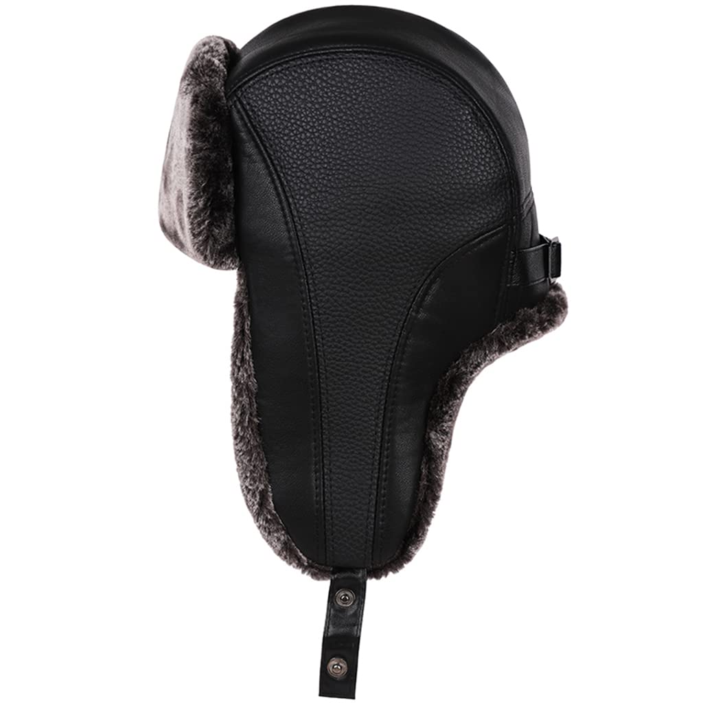 Men's Winter PU Leather Aviator Hat with Ear Flaps - Windproof Waterproof Bomber Trapper Hat for Cold Weather - Perfect for Skiing, Snowboarding & Outdoor Adventures