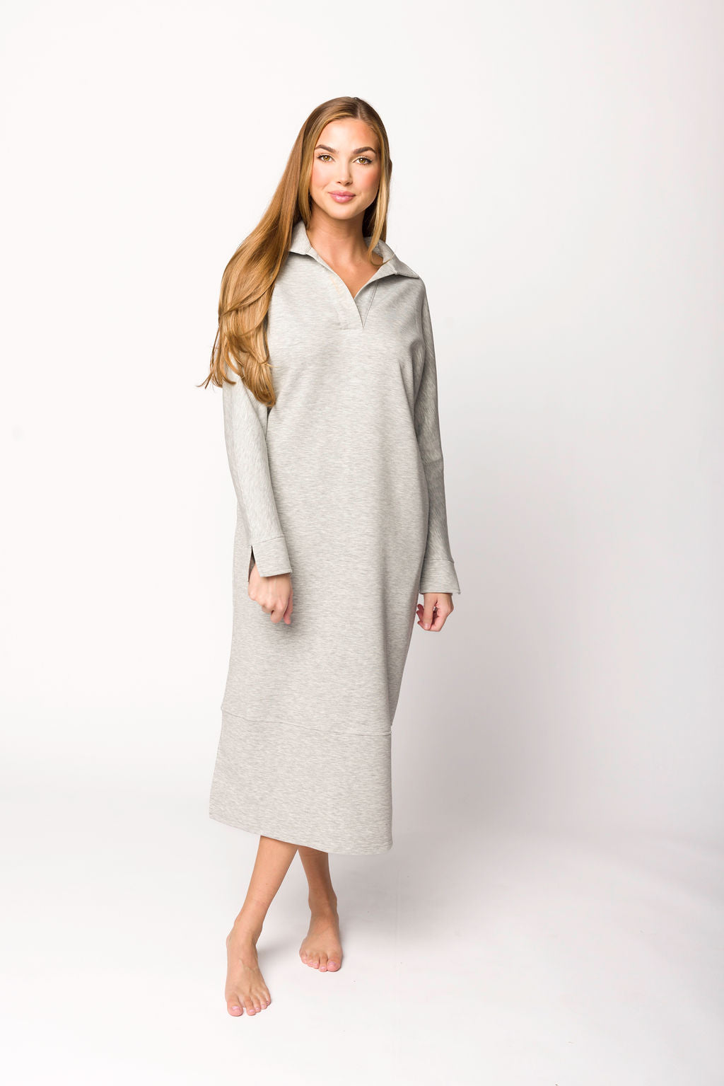 Myra Collared Long Sleeve Maxi Dress - Heather Grey Women's Elegant Formal Dress for Office, Wedding & Special Occasions