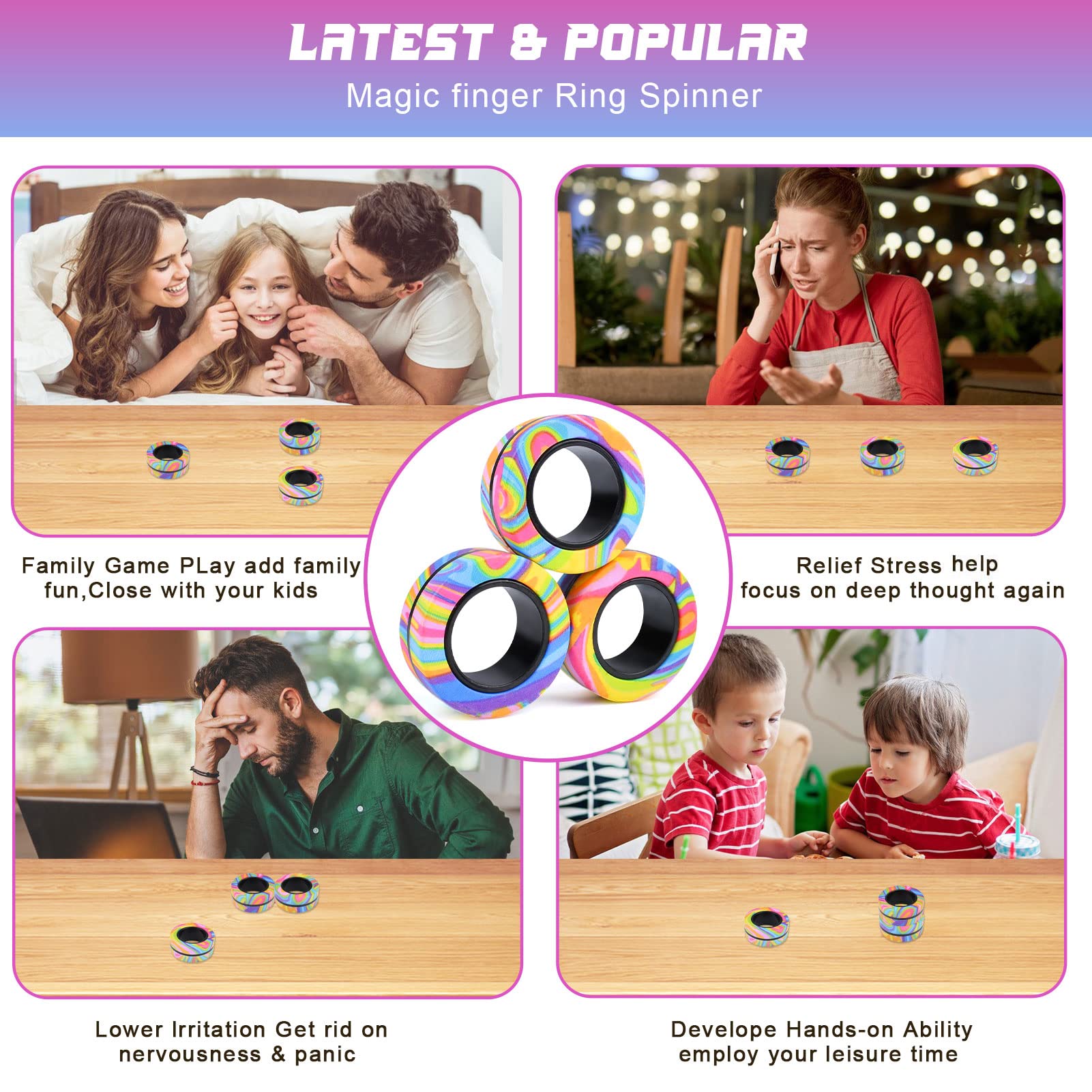 3Pcs Magnetic Fidget Rings for Adults & Kids - Stress Relief & Anxiety Toys for ADHD, Autism, Focus - Fun Easter Basket Stuffers & Valentine's Gifts for Boys Girls 8+ - Perfect for Office, School & Travel Use