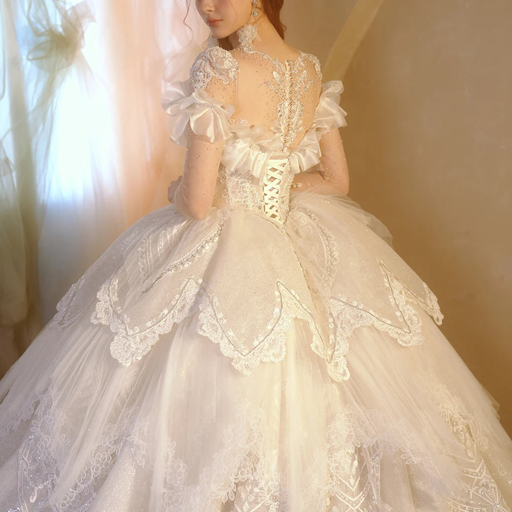 Elegant Organza O-Neck Long Sleeve Wedding Gown with Button Illusion Ruffles - Perfect for Bridal Ceremony, Formal Events & Romantic Photos
