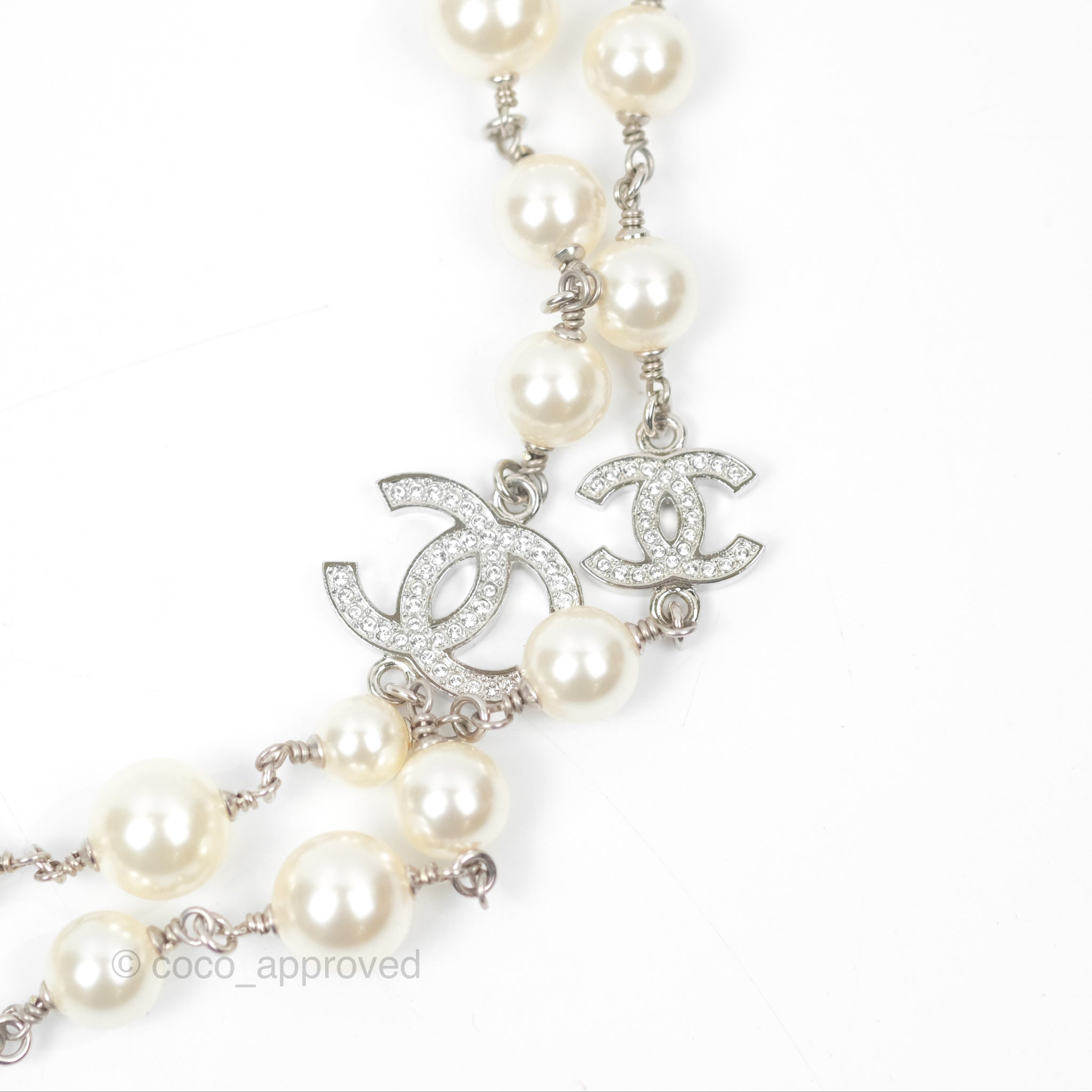 Chanel CC Crystal Pearl Long Necklace Silver Tone 23V - Elegant Statement Jewelry for Women, Perfect for Parties, Weddings & Special Occasions