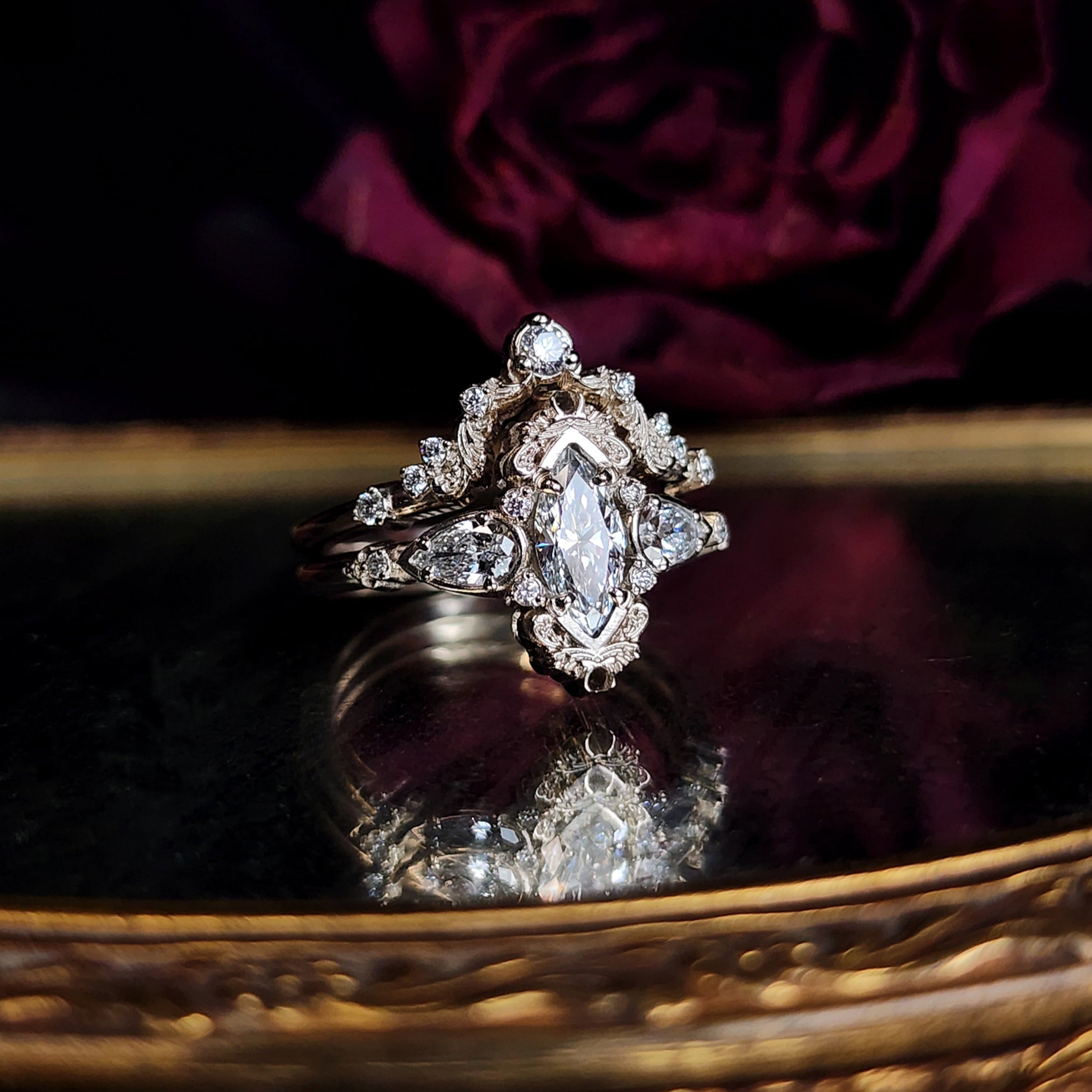 Odette Marquise Engagement Ring Set with Fancy Gold Scrolls - Handcrafted Wedding Band for Women | Elegant Bridal Jewelry for Proposals, Anniversaries & Special Occasions