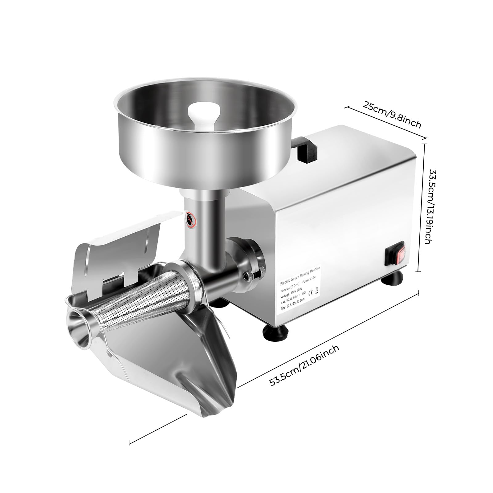 450W 110V Electric Tomato Sauce Maker & Food Grinder - 110lbs/h Stainless Steel Jam Machine with Pure Copper Motor, Funnel & Trough (21.06x9.8x13.19 Inch) - Perfect for Homemade Sauces, Jams, Purees & Baby Food Preparation
