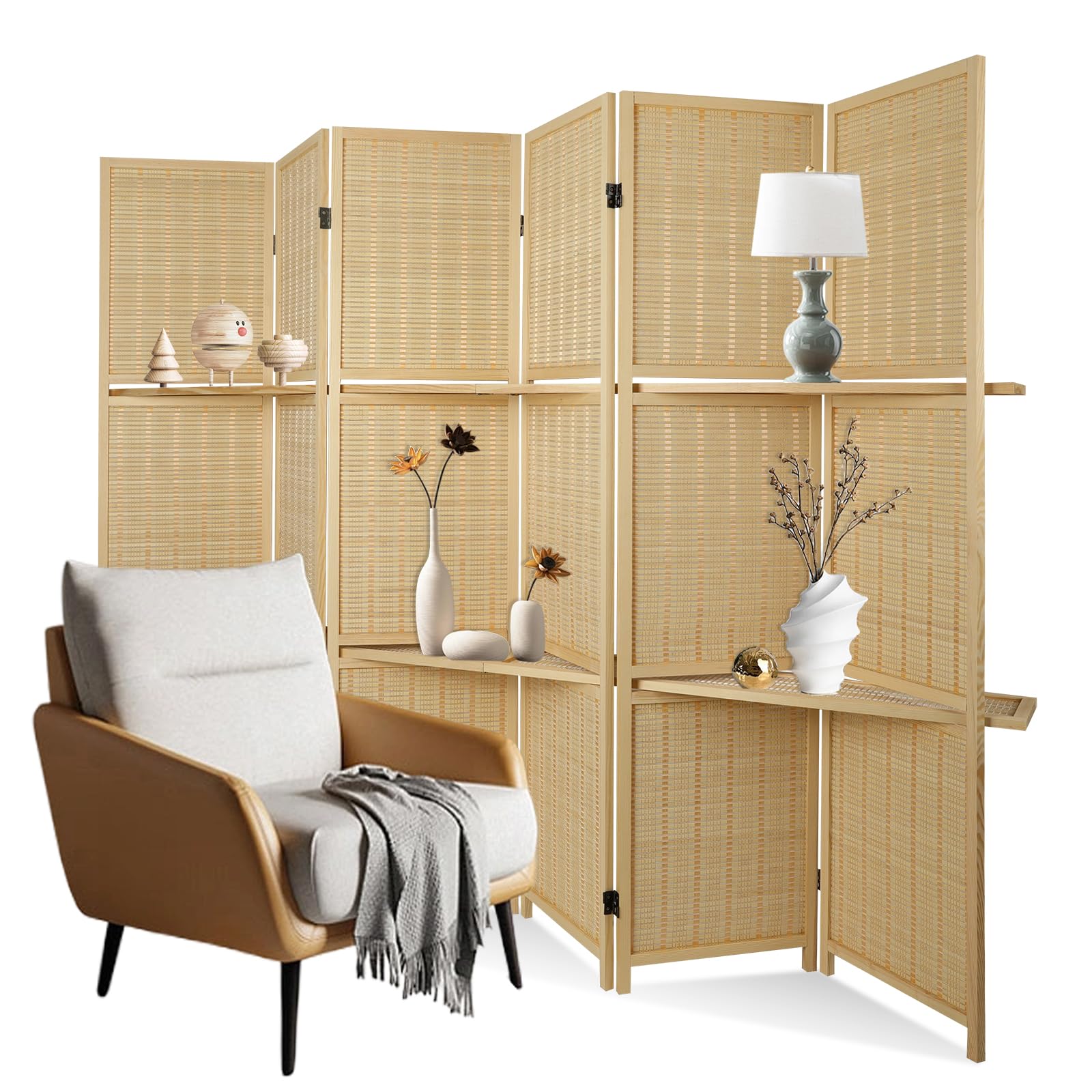 ECOMEX 6 Panel Bamboo Room Divider with Shelves - Foldable Privacy Screen for Home, Office, Studio Apartment & Garage - Natural Wood Partition for Space Organization & Decoration