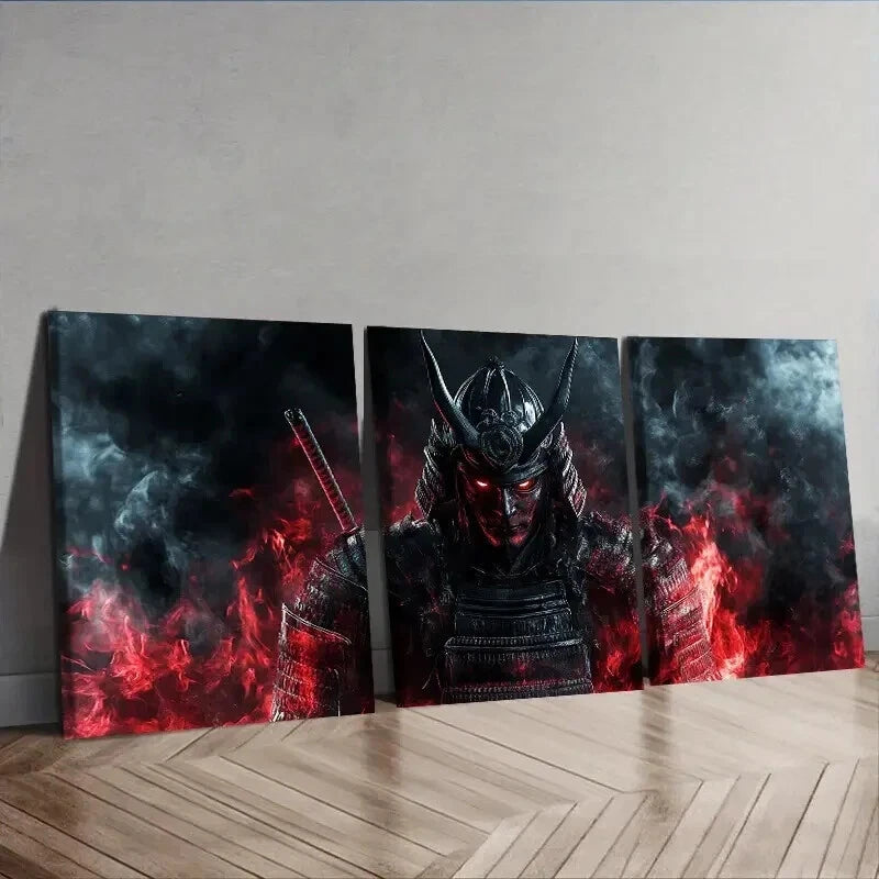 3-Piece Crimson Warrior with Black Horns Wall Art Set - Framed Canvas 50x70cm (20x28in) - High Quality Print - 100% Australian Made - Ready to Hang - Perfect for Living Room, Bedroom or Office Decor