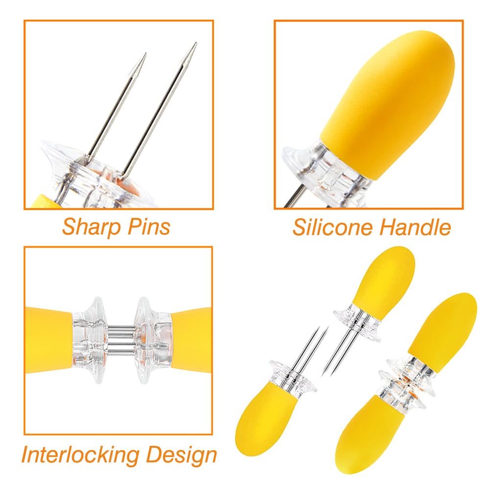 16Pcs/8 Pairs Stainless Steel Corn Cob Holders - Yellow Interlocking Corn Skewers Forks for BBQ, Grilling & Camping | Perfect for Home Cooking, Outdoor Parties & Picnics