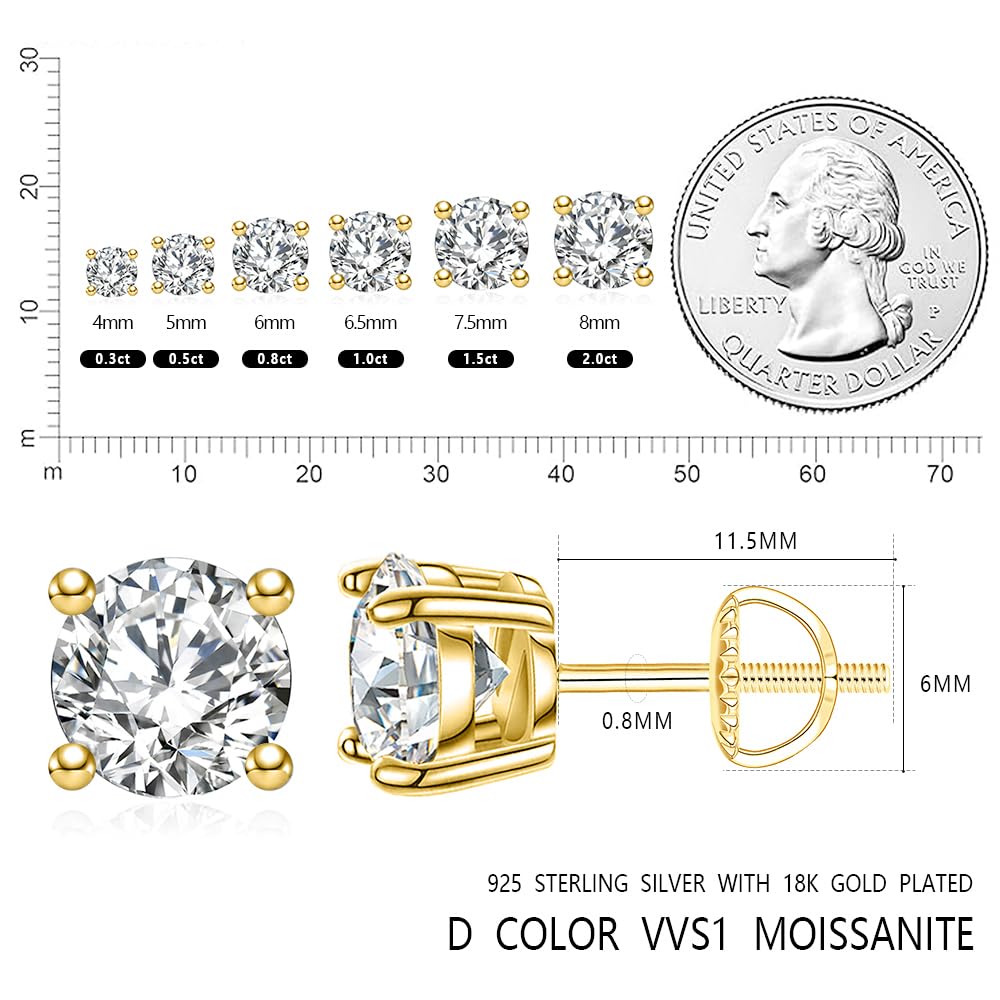 Lab-Created Moissanite Stud Earrings for Women - 925 Sterling Silver Screw Back Earrings | Hypoallergenic Wedding, Anniversary & Christmas Gift | Perfect for Bridal, Party & Everyday Wear