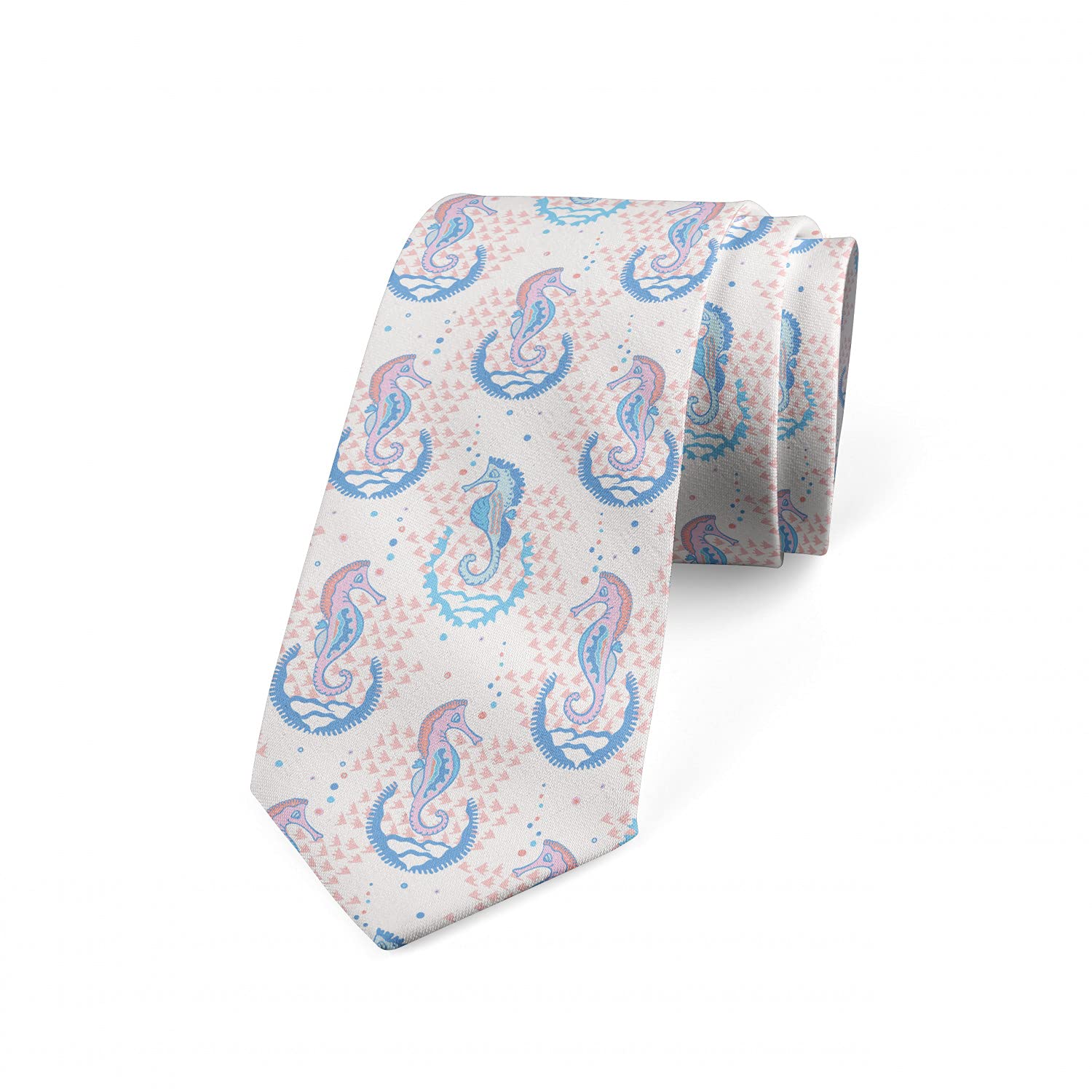 Ambesonne Men's Necktie - Stylish Marine Seahorse & Azure Blue Rose Design, 3.7