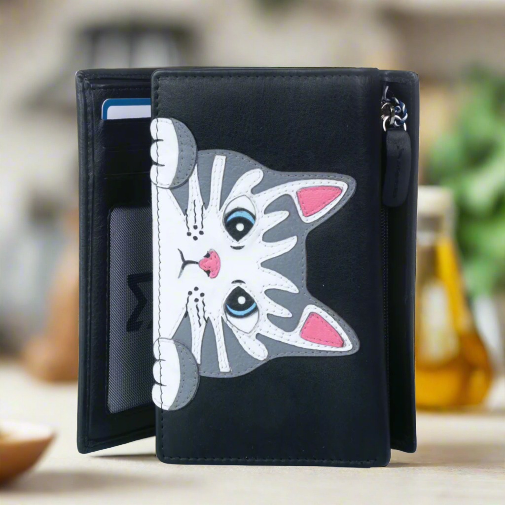 Premium Mala Leather Victor the Cat Large Tri-Fold Wallet for Women - Stylish Black Purse for Everyday Use, Travel & Shopping