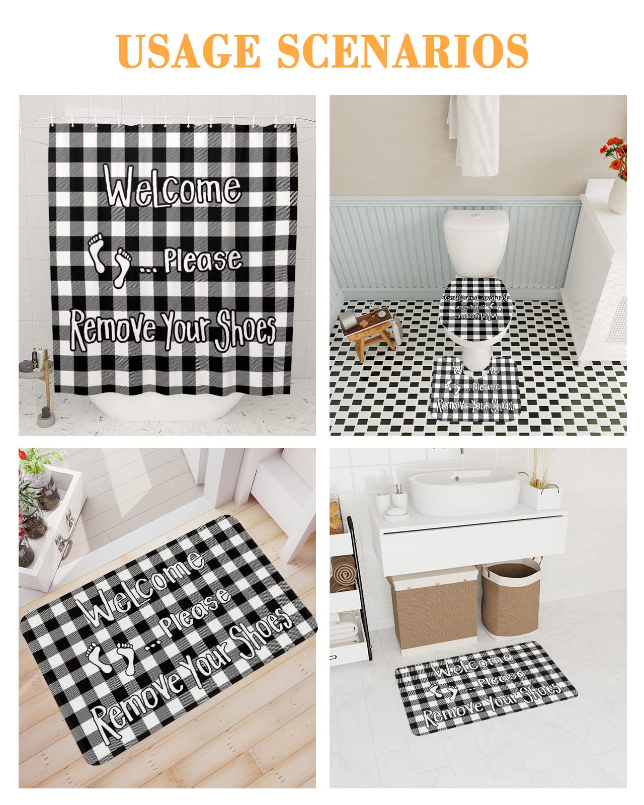 4-Piece Bathroom Set - Non-Slip Shower Curtain, Plaid Doormat, Toilet Seat Cover & Bath Mat | Black & White Checkered Decor | Perfect for Modern Bathrooms, Guest Baths & Apartment Living