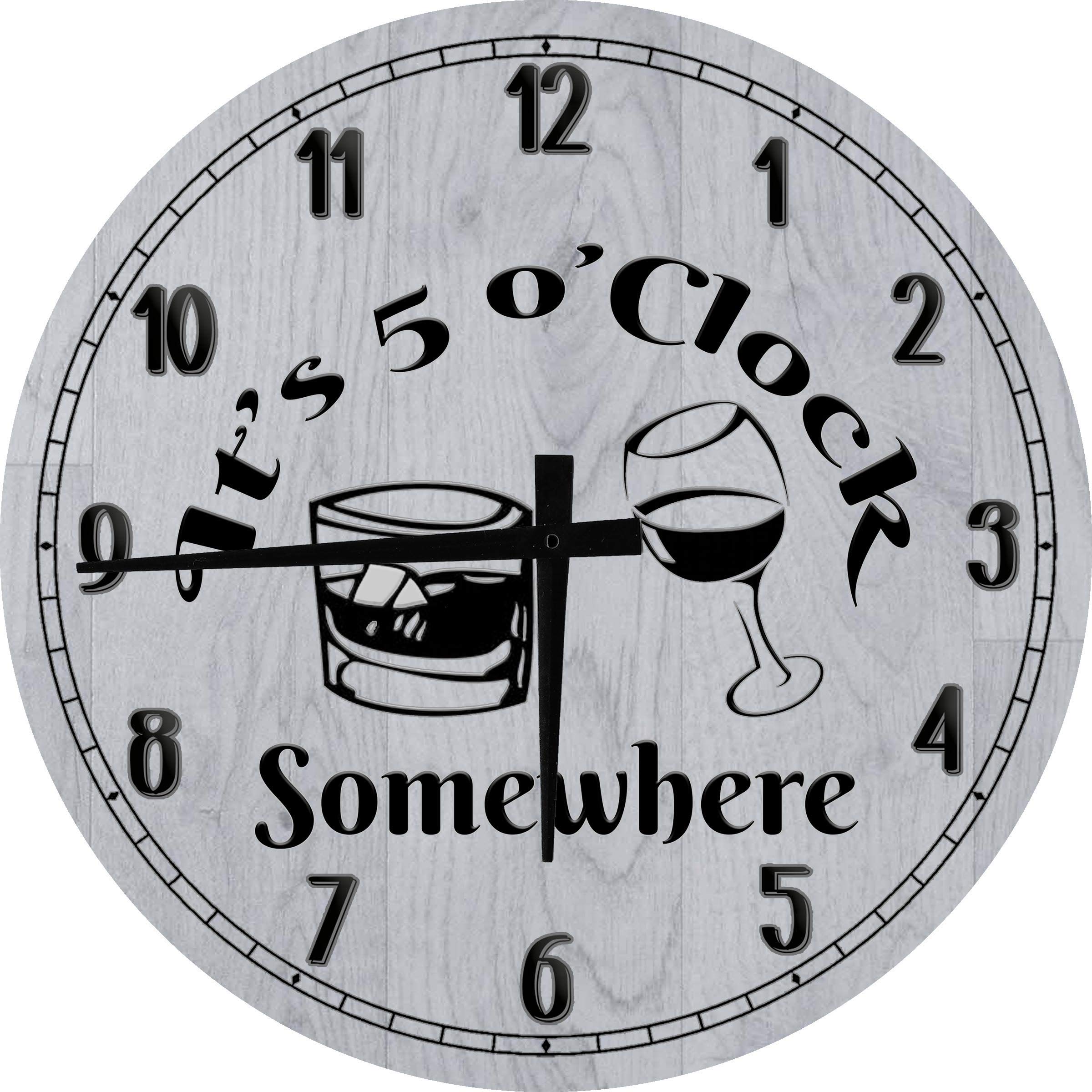 5 o'Clock Somewhere 24 Inch Large Round Wall Clock - Battery Operated Gray Mixed Drinks Decor for Living Room, Bar, or Kitchen