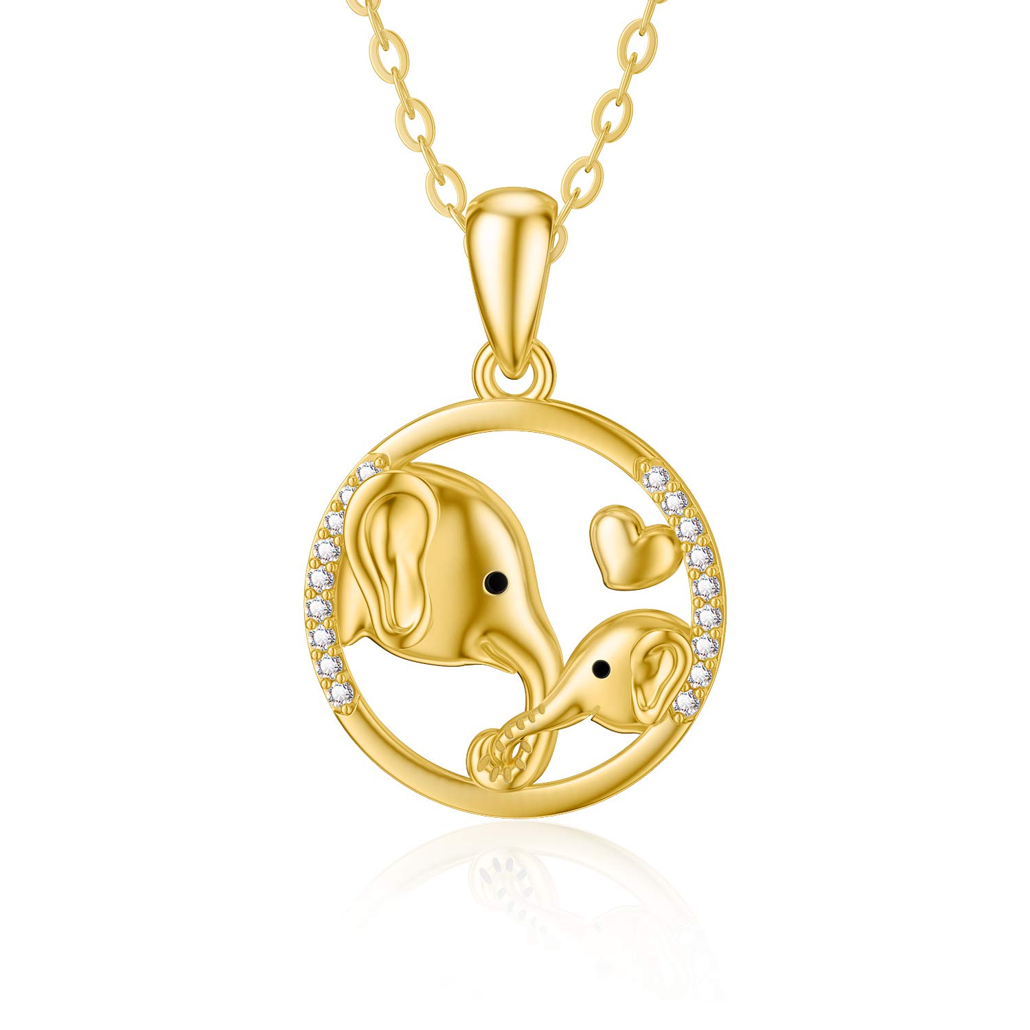 14K Yellow Gold Elephant Heart Pendant Necklace for Women - Real Gold Lucky Elephant Jewelry with 5A Cubic Zirconia - Valentine's Day Gift for Wife, Mother, Girlfriend - Perfect for Anniversary, Birthday & Special Occasions (16