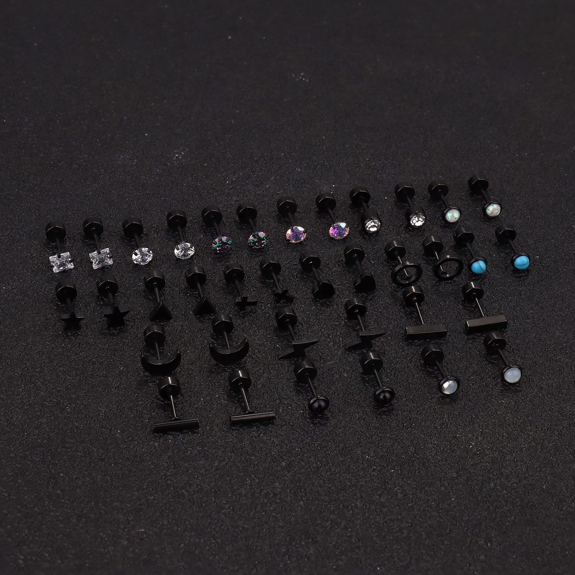 TEN MIRO 18 Pairs Tiny Cartilage Stud Earrings Set for Women & Men - 316L Stainless Steel 20G Helix Earrings with Moon, Star, Heart CZ & Opal Designs - Flat Back Piercing Jewelry (Black) - Perfect for Daily Wear, Gifts & Multiple Ear Piercings
