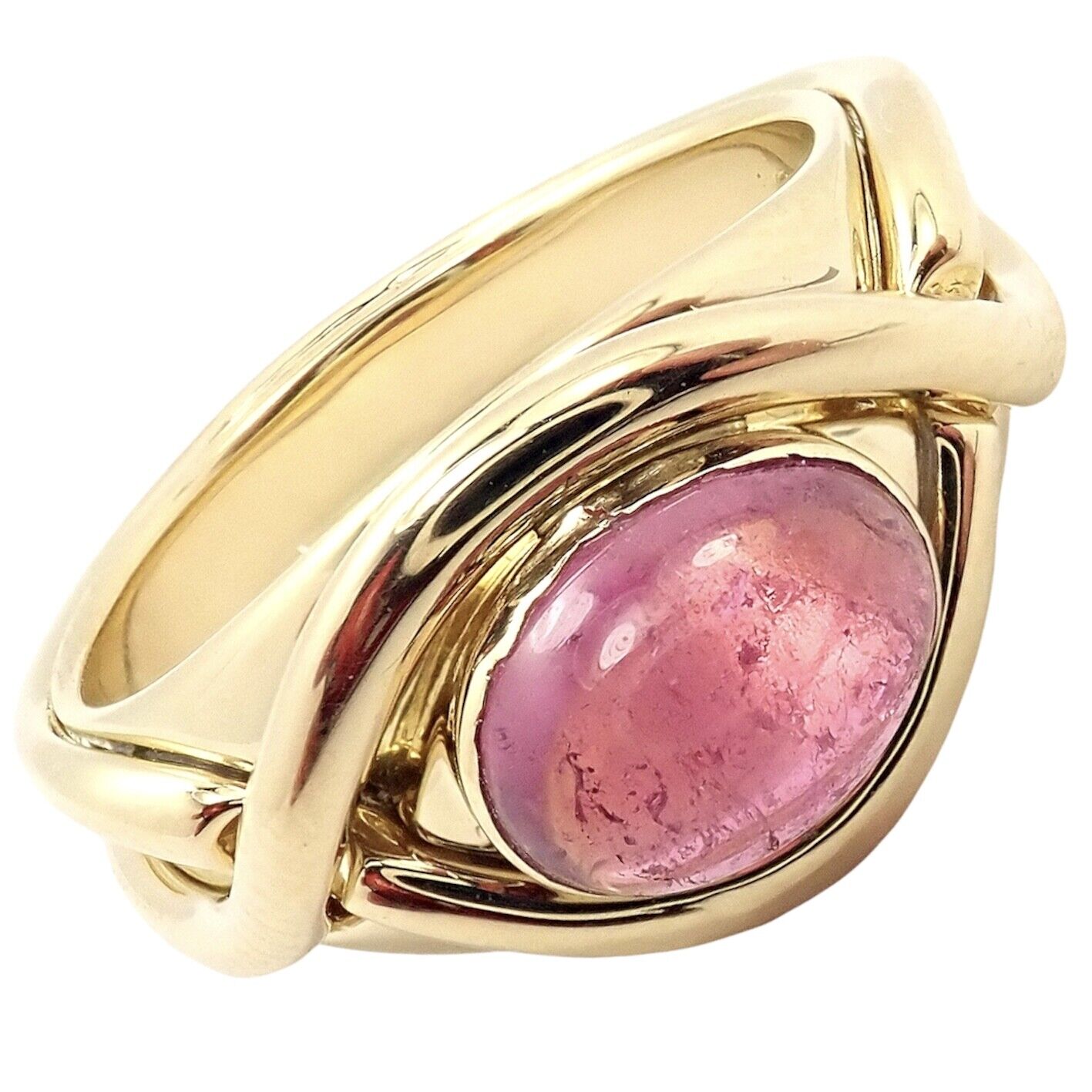 Authentic Tiffany & Co 18K Yellow Gold Pink Tourmaline Cabochon Band Ring - Rare Vintage Jewelry for Women, Perfect Gift for Anniversary, Engagement & Special Occasions