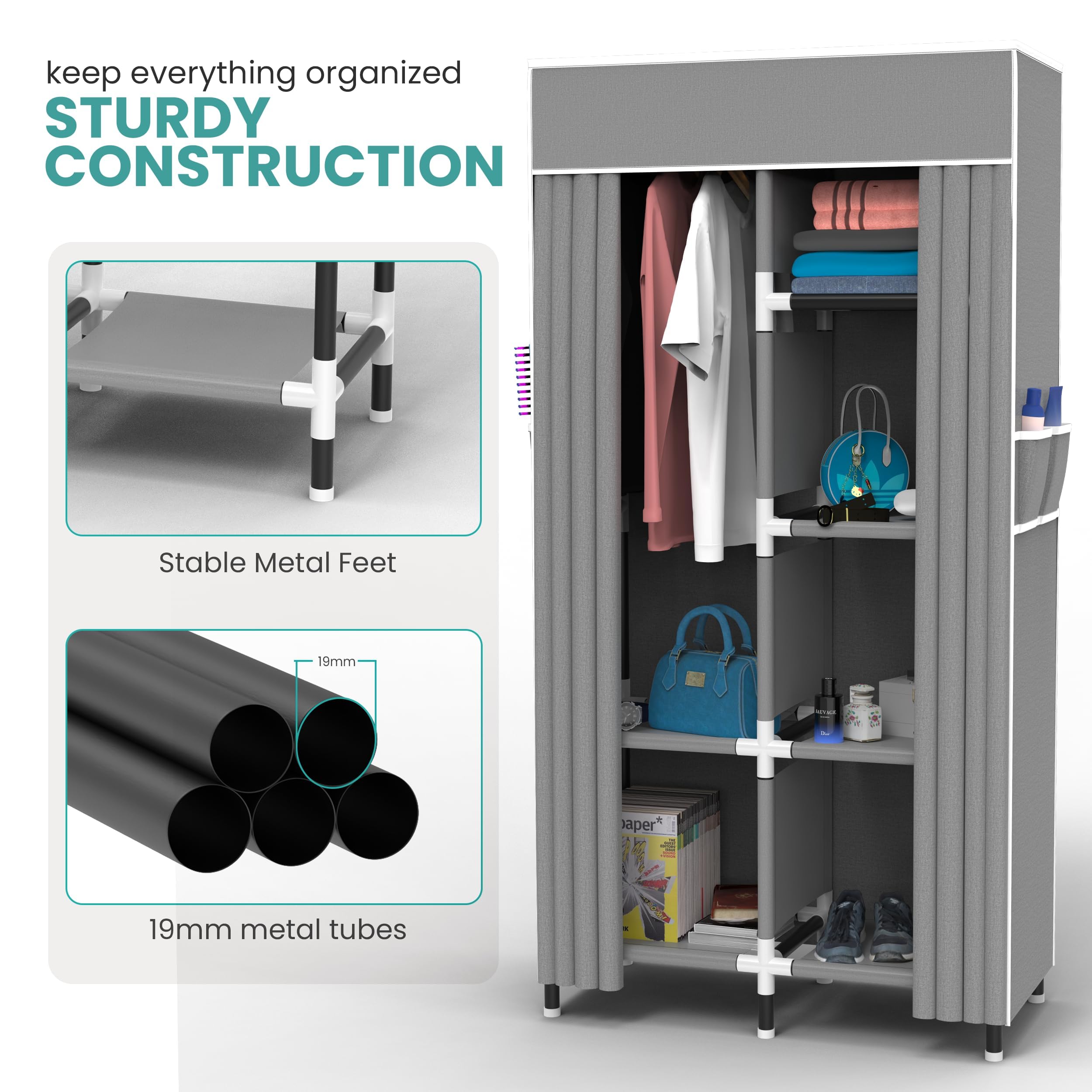 Portable Closet Wardrobe Organizer with 6 Shelves & Hanging Rack - Compact Clothes Storage for Small Spaces | Perfect for Apartments, Dorms, Travel & Seasonal Clothing Organization (Grey, Small)