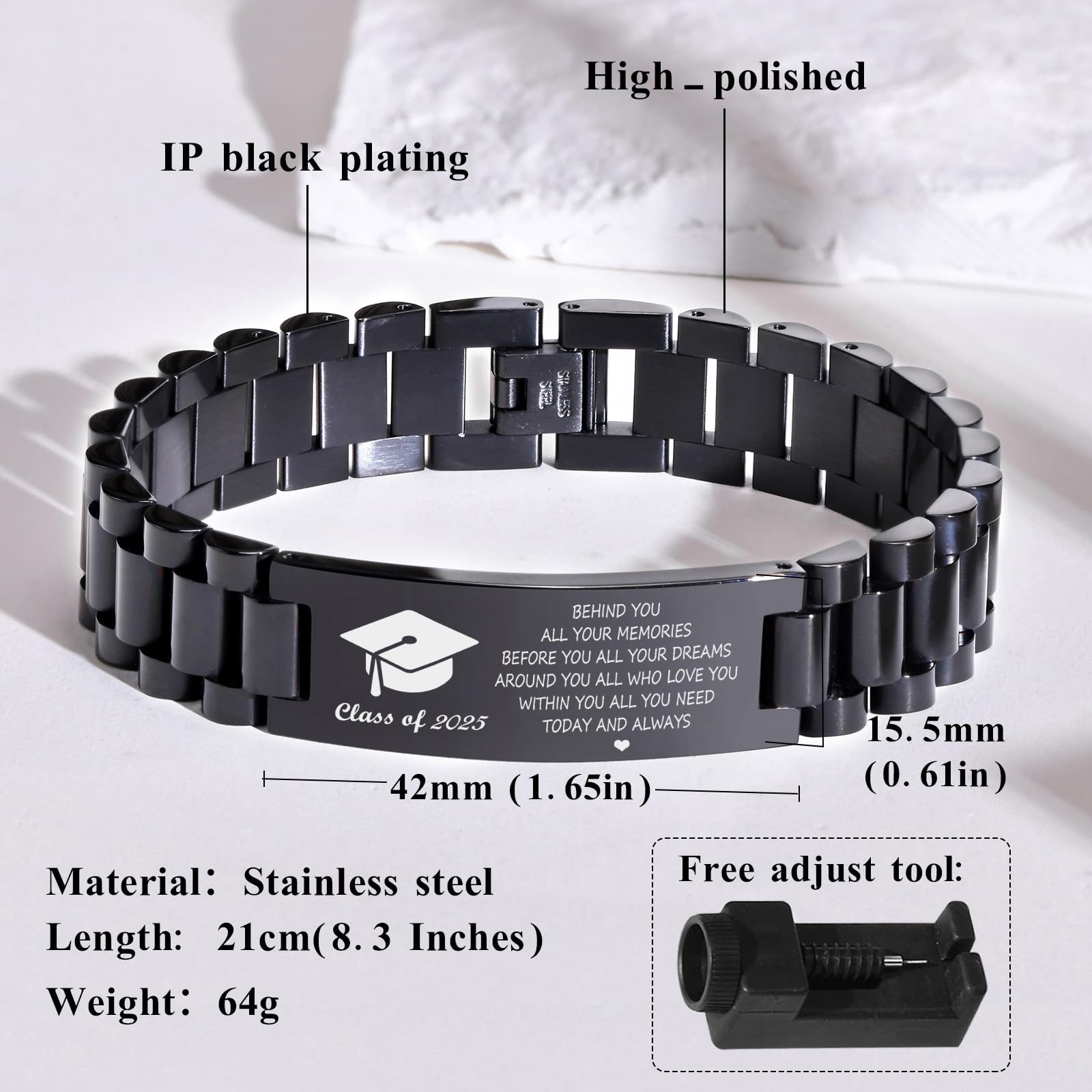 Custom Graduation Bracelet for Him - Inspirational Stainless Steel Link Bracelet Gift for College Graduates, Class of 2025 - Perfect Graduation Gift for Son, Boyfriend or Husband - Ideal for Commencement Ceremonies & Celebrations