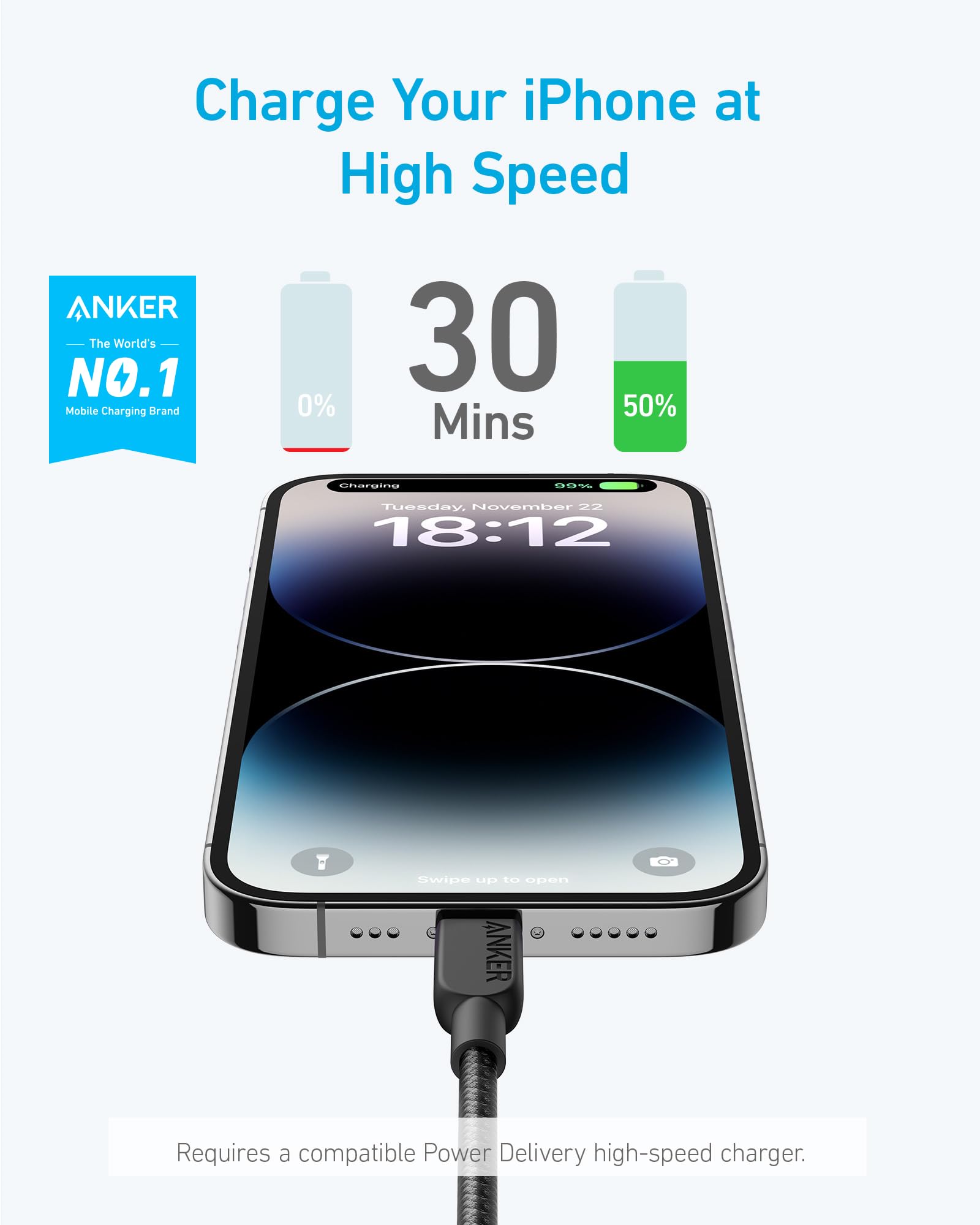 Anker USB C to Lightning Cable 6ft, MFi Certified Fast Charging Braided Cable for iPhone 14/14 Plus/14 Pro Max/13/13 Pro/12 - Durable & Tangle-Free (Black) - Perfect for Home, Office & Travel Charging