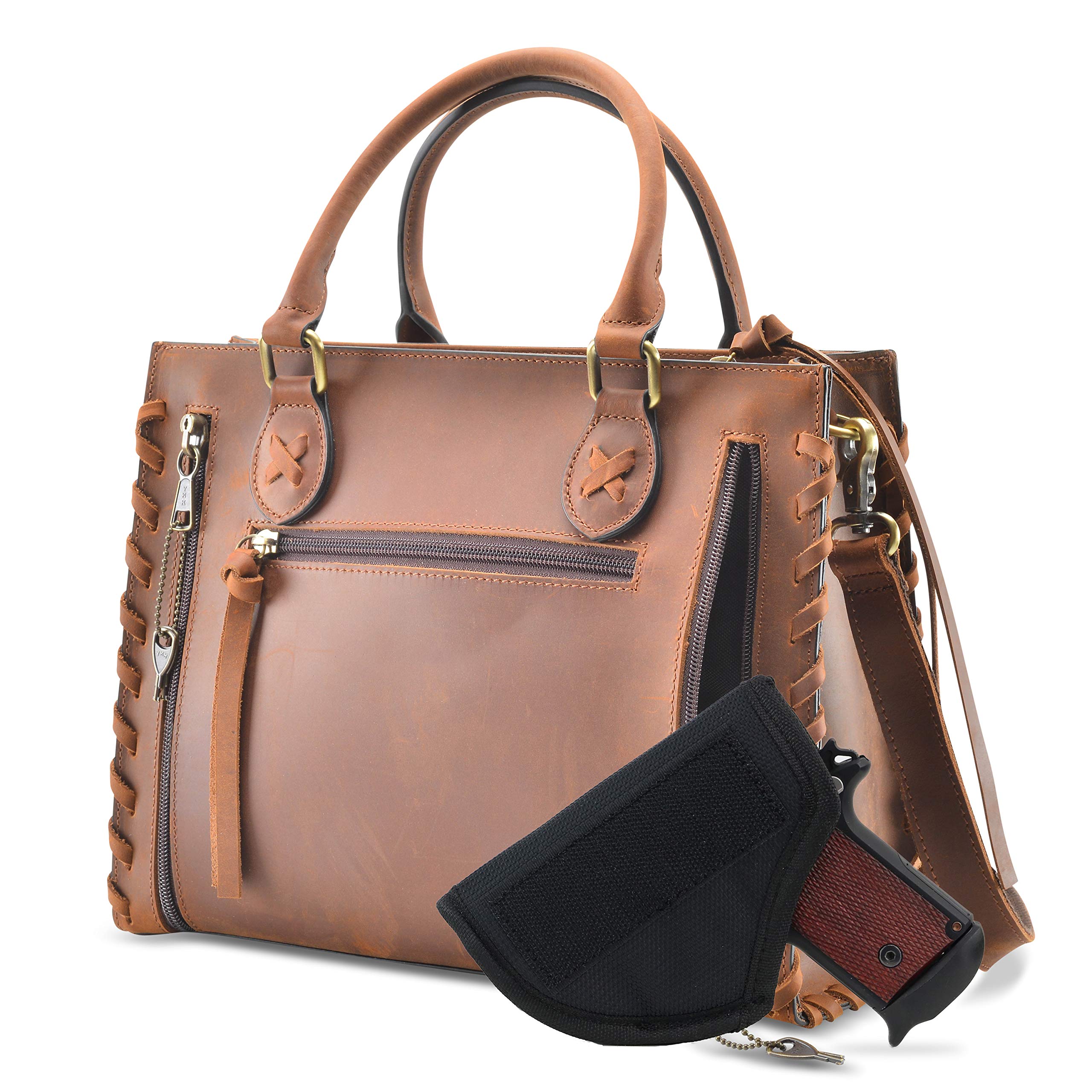 Concealed Carry Emma Satchel - Women's Shoulder Bag & Crossbody Purse with Removable Gun Holster - Distressed Brown Leather - Perfect for Everyday Carry, Travel & Self Defense