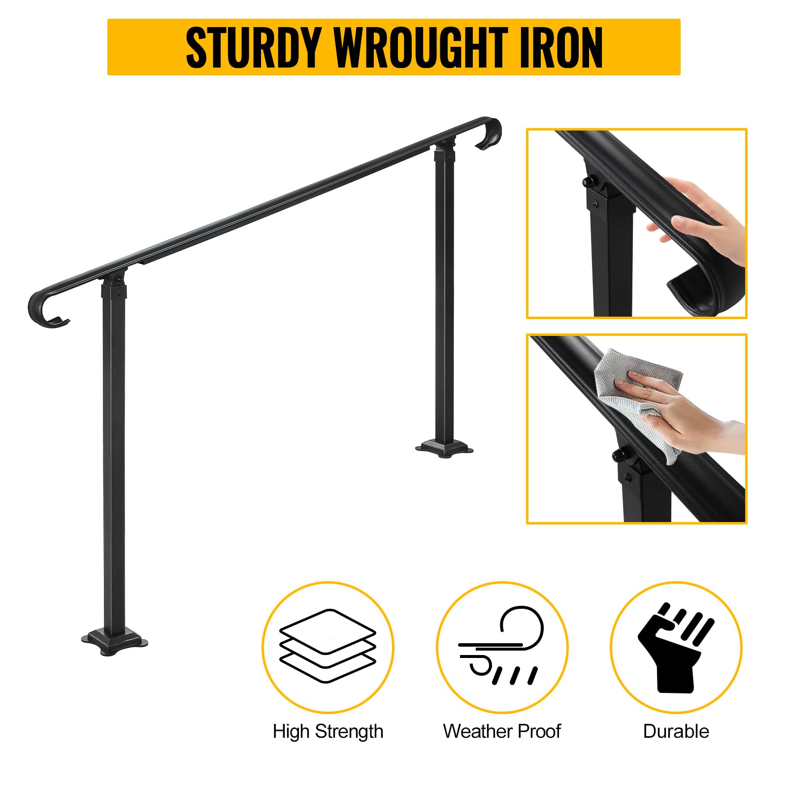 Adjustable 5-Step Wrought Iron Handrail for Outdoor Steps & Decks | Heavy Duty Stair Railing for 4-6 Steps | Perfect for Patio, Garden & Front Entrance Safety