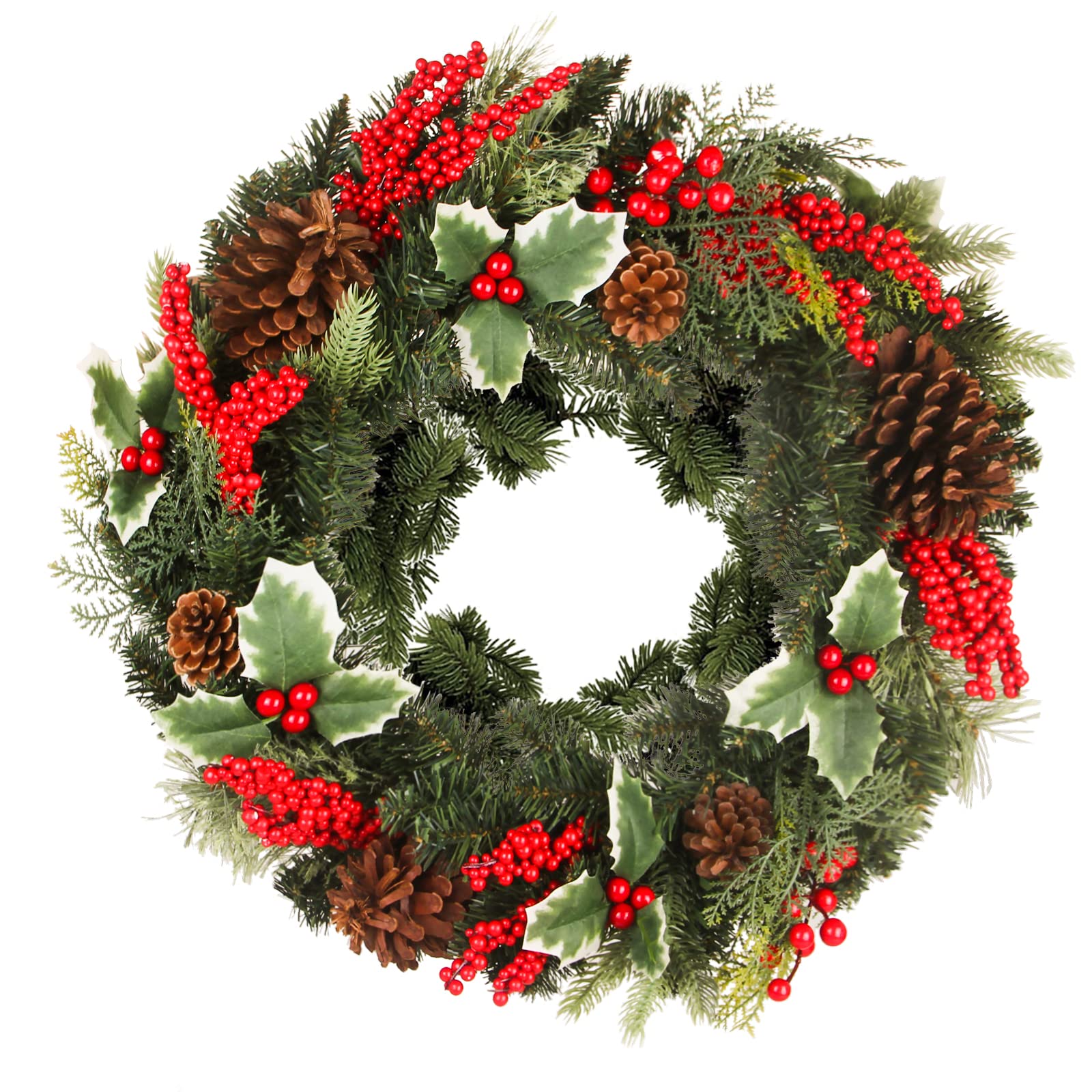 24 Inch Christmas Wreath with Artificial Eucalyptus, Berries & Pine Branches - Green Leaf Holiday Wreath for Front Door - Indoor Outdoor Xmas Decor for Home, Parties & Seasonal Celebrations
