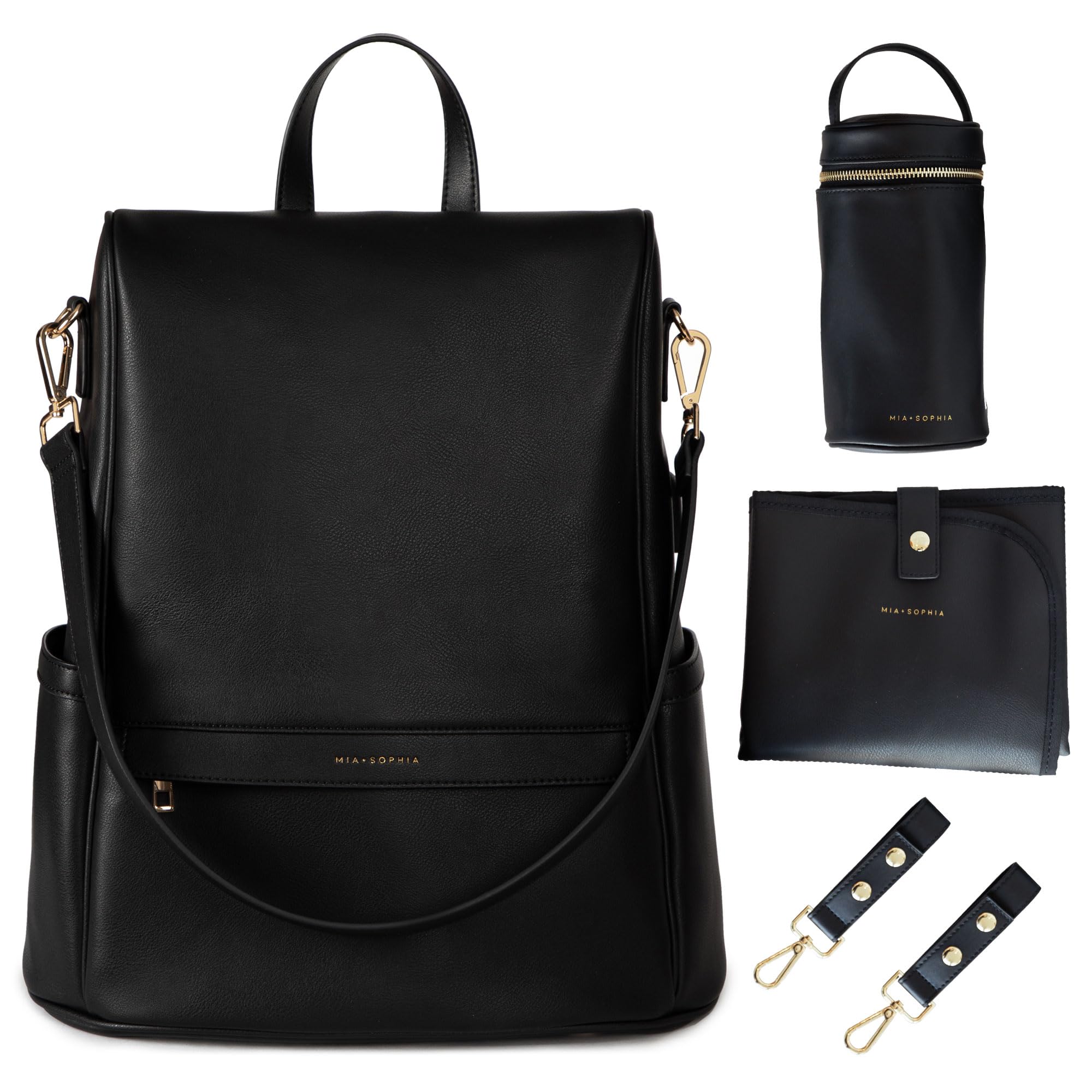 Premium Leather Diaper Bag Backpack with USB Charging Port, Insulated Bottle Pockets & Stroller Straps - Large Travel Baby Changing Bag with Removable Pad (Black) - Perfect for New Parents, Daycare & Family Outings