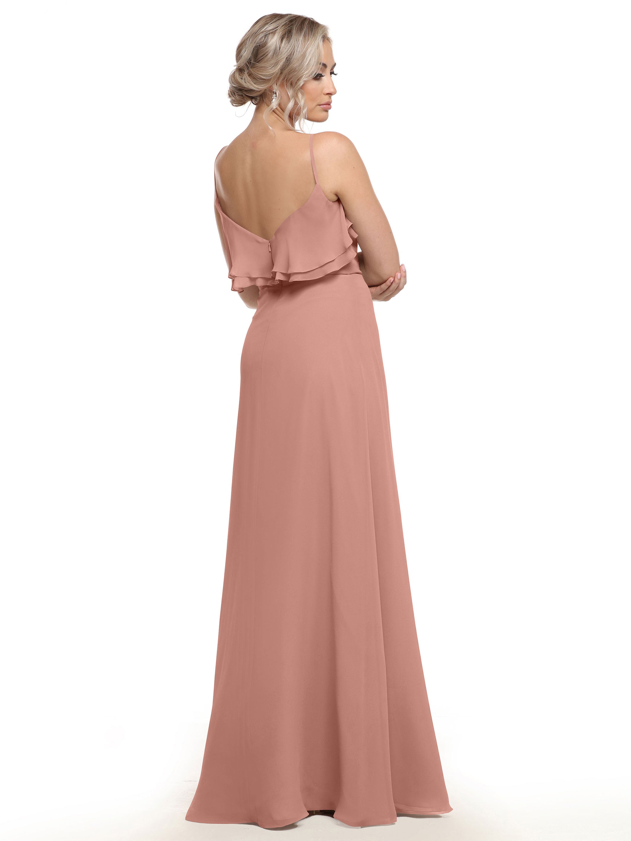Elegant 80146 Chiffon Bridesmaid Dress with Ruffled Neckline - Perfect for Weddings, Formal Events & Special Occasions