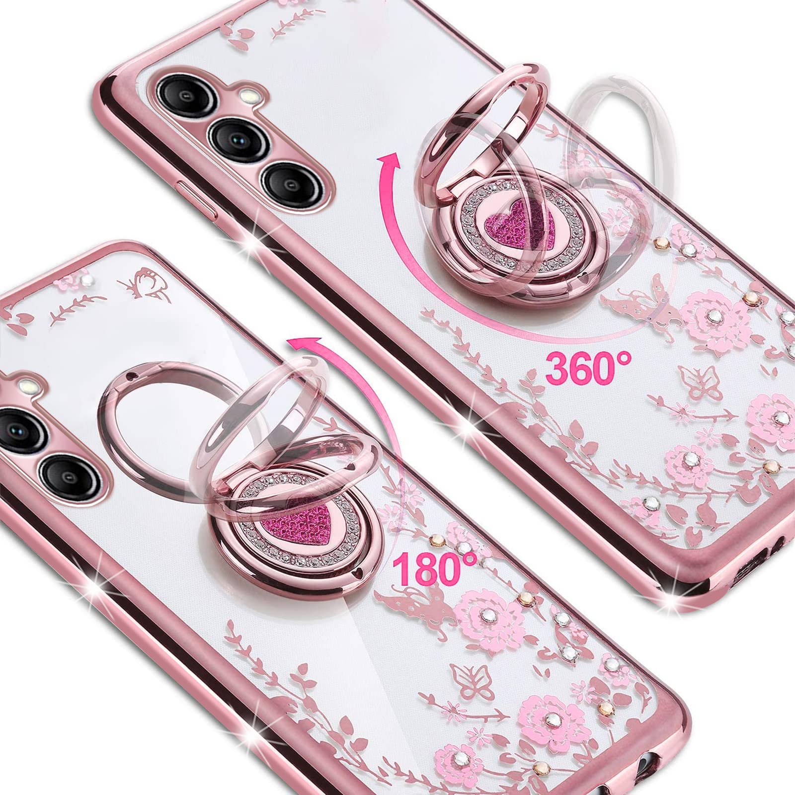 Samsung Galaxy A14 5G Case - Glitter Crystal Butterfly Heart Floral Slim TPU Protective Cover with Ring Holder & Strap for Women (Rose Gold) | Cute Bling Phone Case for Everyday Use, Work & Travel