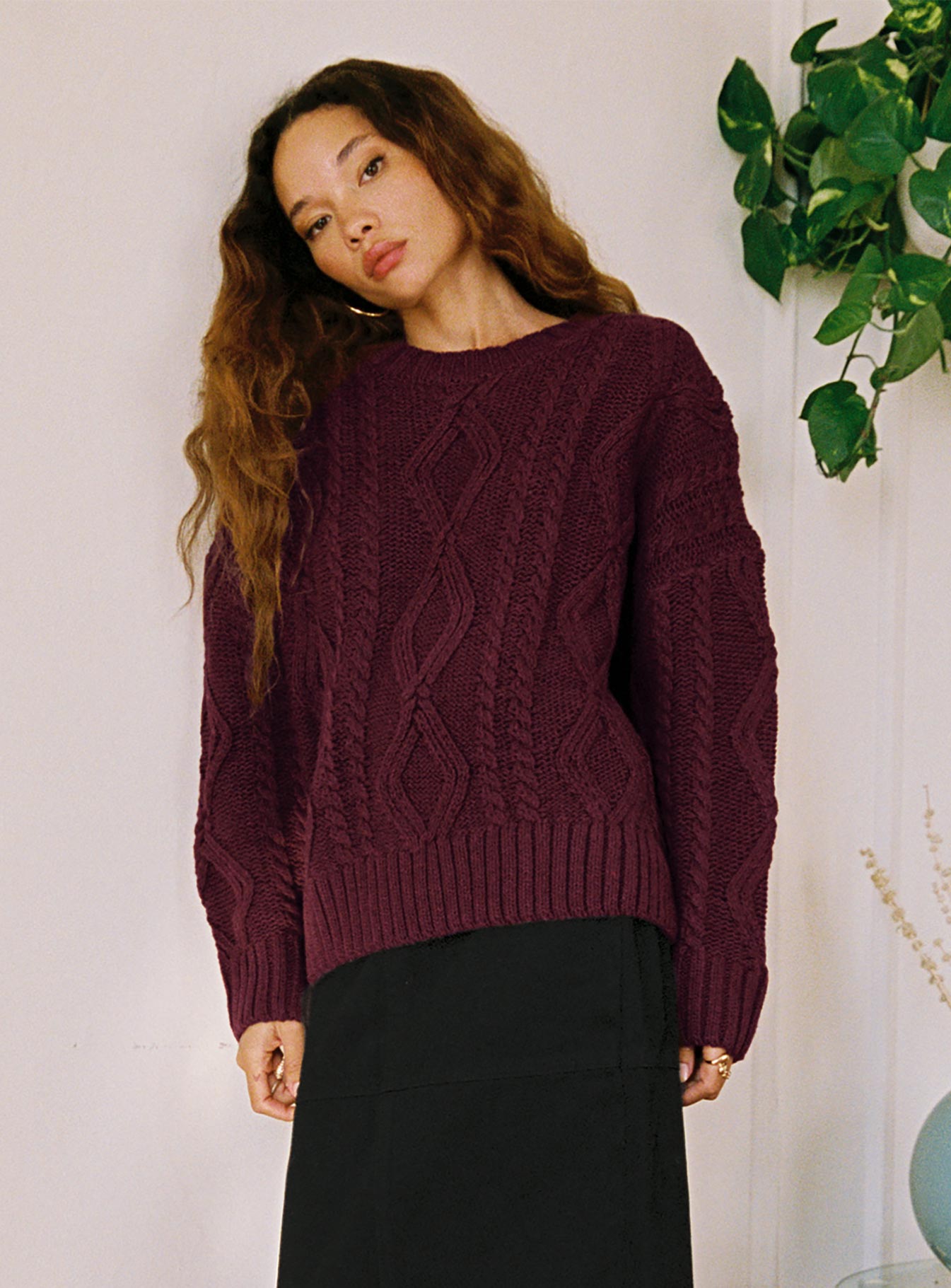 Anaya Oversized Sweater Women's Burgundy Knit Pullover - Cozy Winter Fashion for Casual Outings & Holiday Gatherings