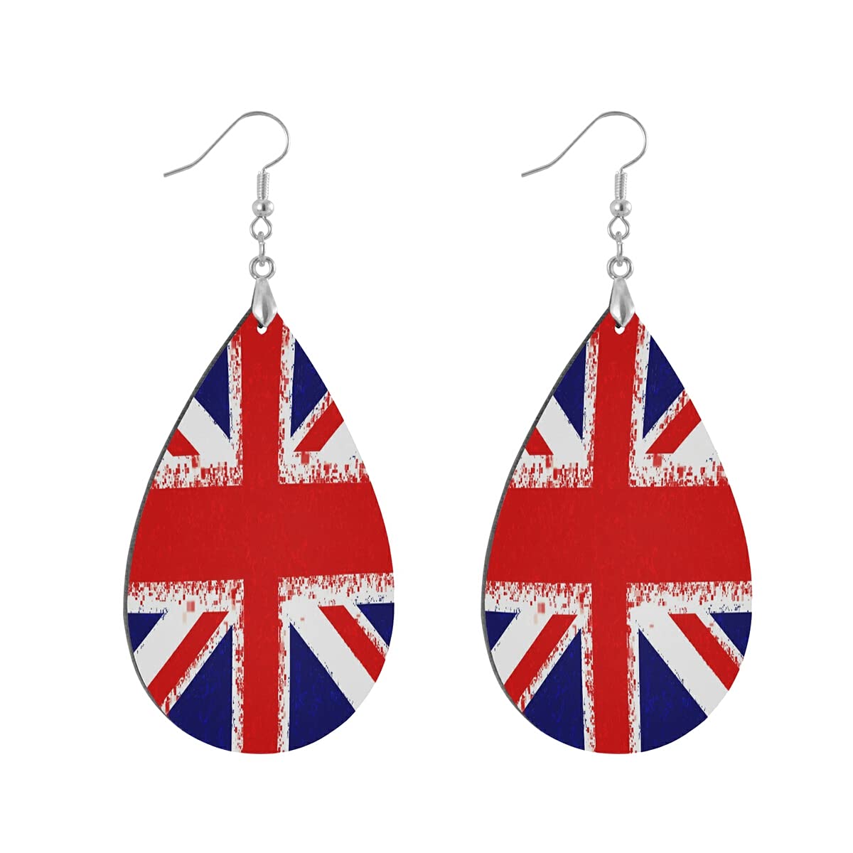 1 Pair Waterdrop Shaped Union Jack London Flag UK Wooden Earrings - Hand Painted Wood Drop Earrings for Women | British Pride Fashion Accessory for Parties, Travel & Everyday Wear