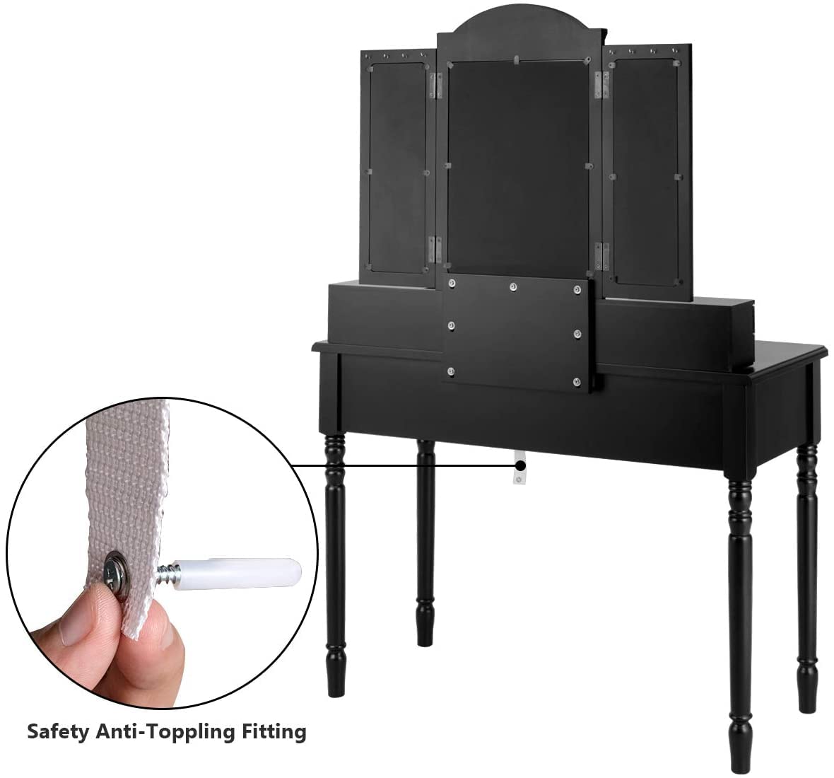 Byroce Vanity Table Set with Large Tri-Folding Mirrors, Makeup Dressing Table with 7 Drawers, 6 Desktop Organizers & 8 Necklace Hooks - Includes Cushioned Stool & Removable Top in White, Black or Brown (BC-HW66046) - Perfect for Bedroom, Dressing Room & Beauty Salon Organization
