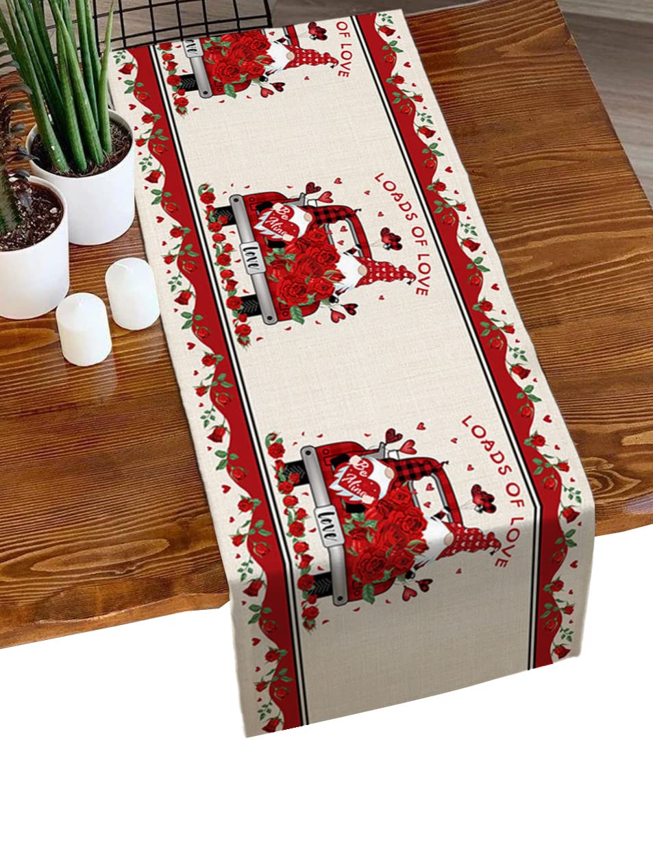 HELLOWINK 36 Inch Valentine's Day Gnome Truck Table Runner - Farmhouse Cotton Linen Dining Table Decor for Coffee Tables, Holiday Parties & Romantic Home Decor - Perfect for Valentine's Dinners, Christmas Decorations & Rustic Weddings