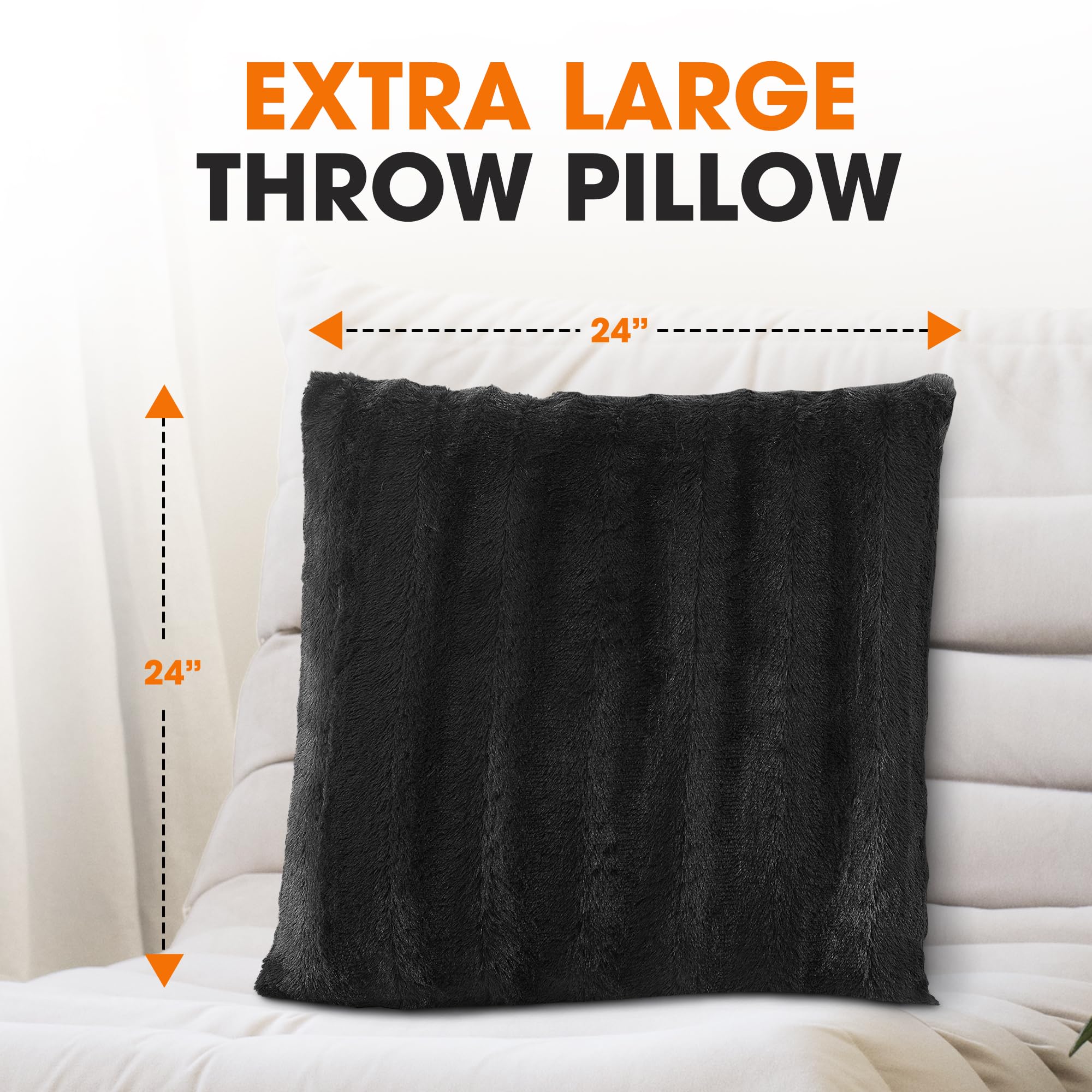 Cheer Collection Faux Fur Throw Pillows Set of 2 - 24x24 Inch Soft Decorative Couch & Bed Pillows, Black Accent Pillows for Living Room & Bedroom Aesthetic - Perfect for Cozy Home Decor, Sofa Styling & Seasonal Accents